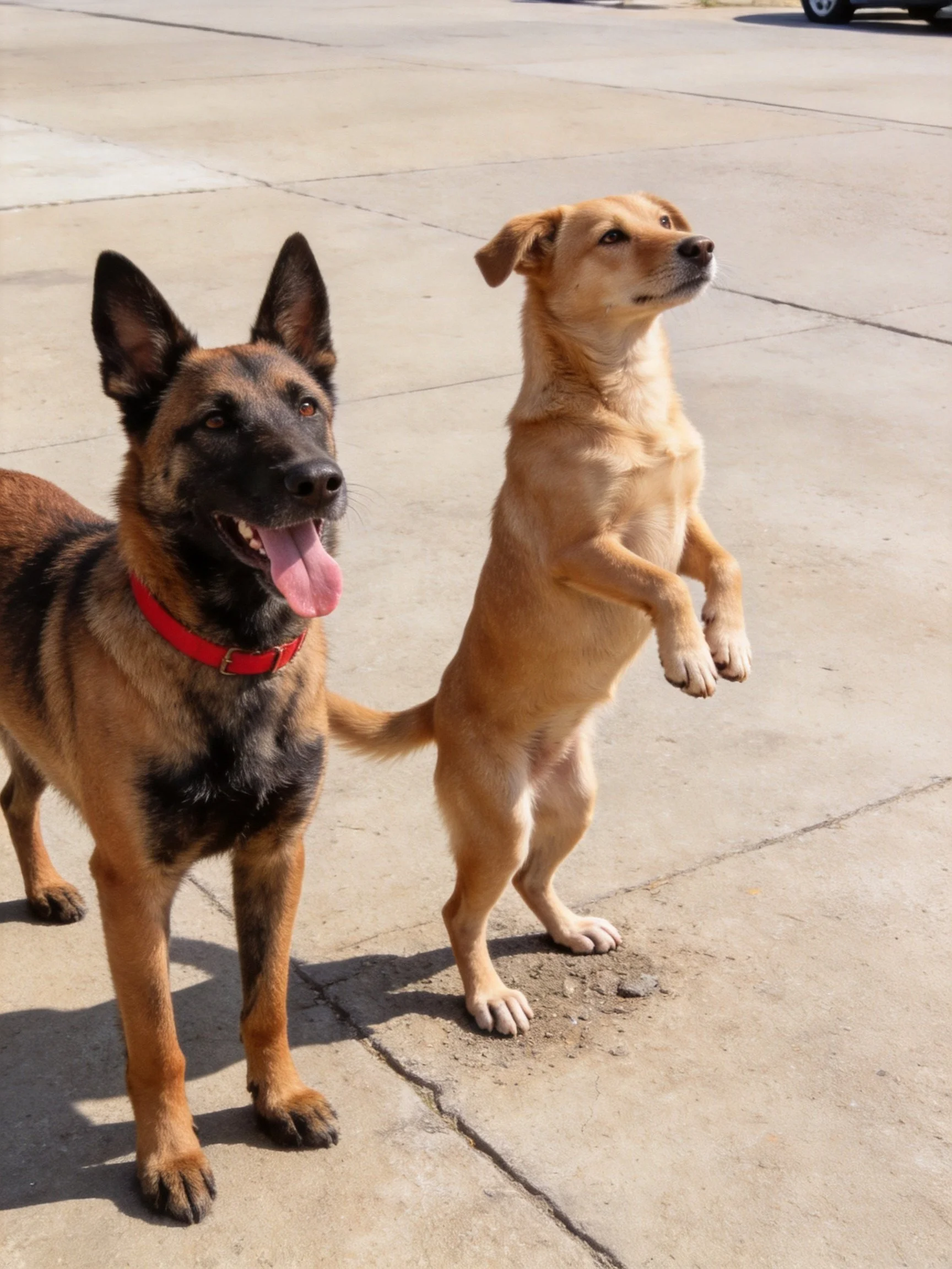 Two dogs, one standing upright, one standing normally, on concrete pavement.