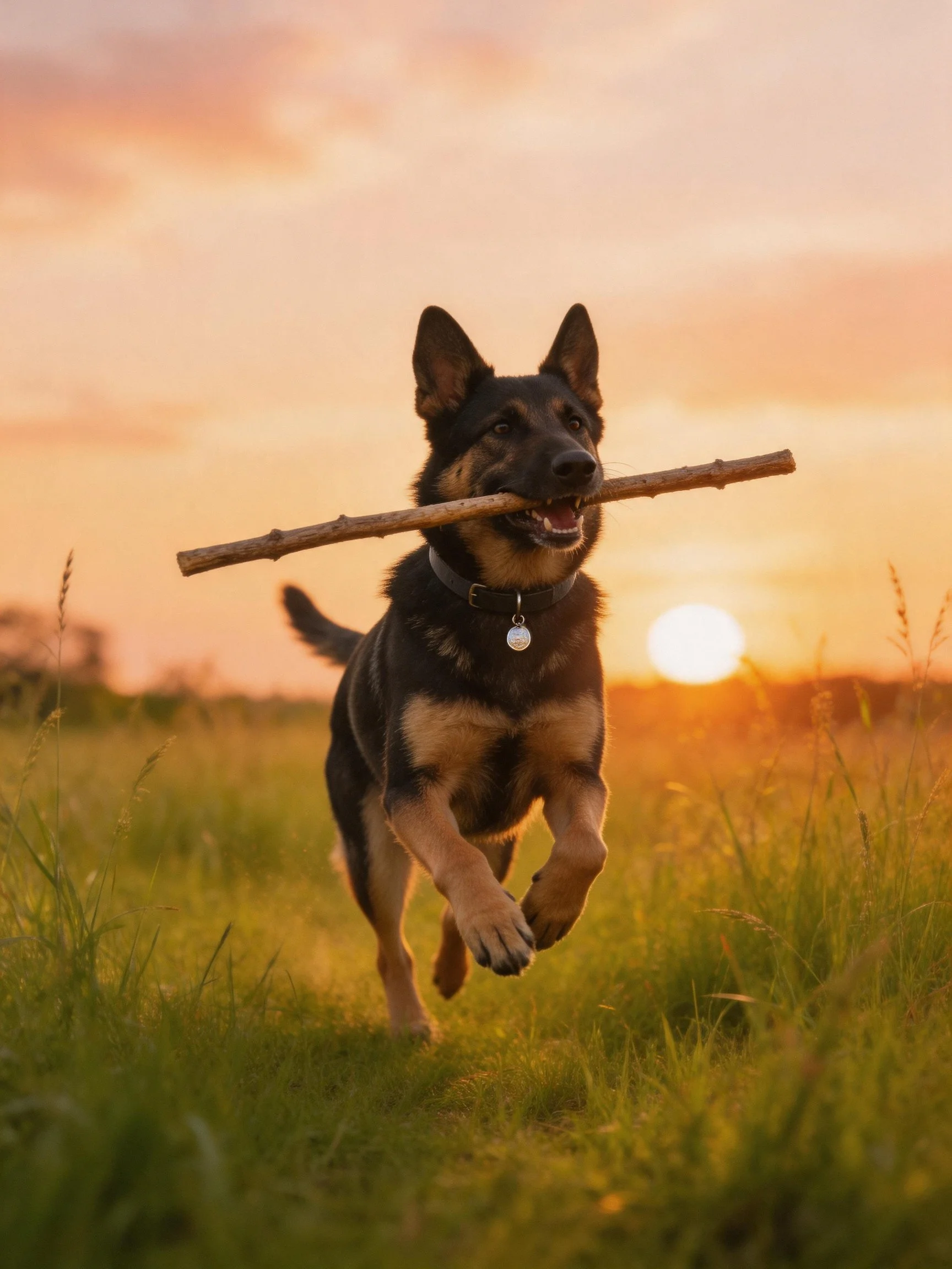 A German Shepherd carries a stick while running in a sunset meadow