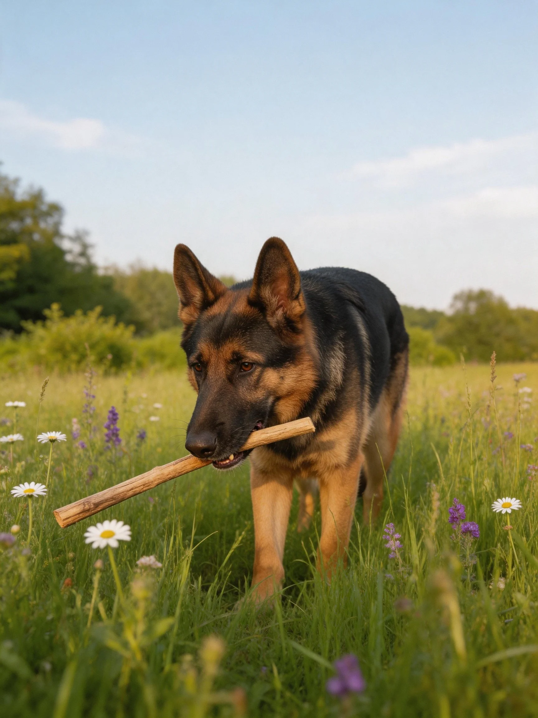 A German Shepherd carries a wooden stick through a flower-filled meadow