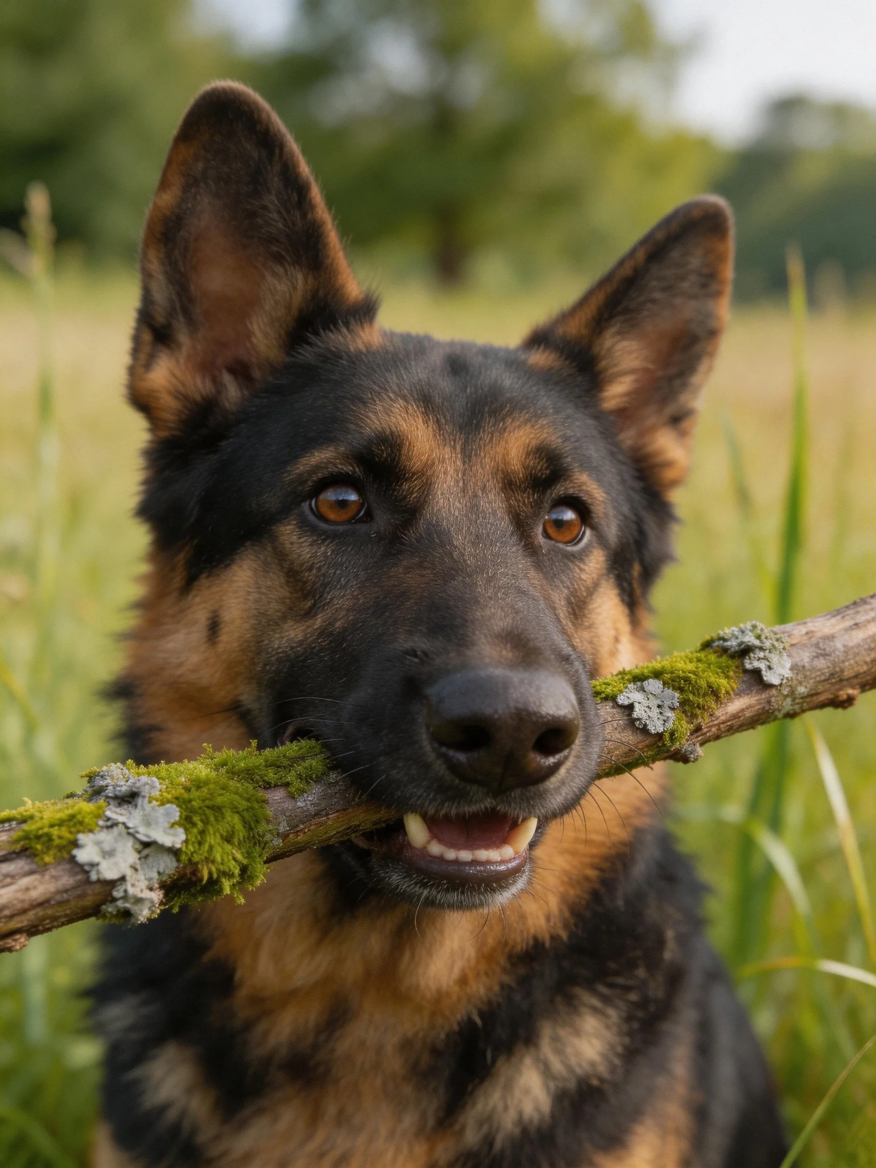 A German Shepherd carrying a moss-laden wooden branch in a grassy landscape