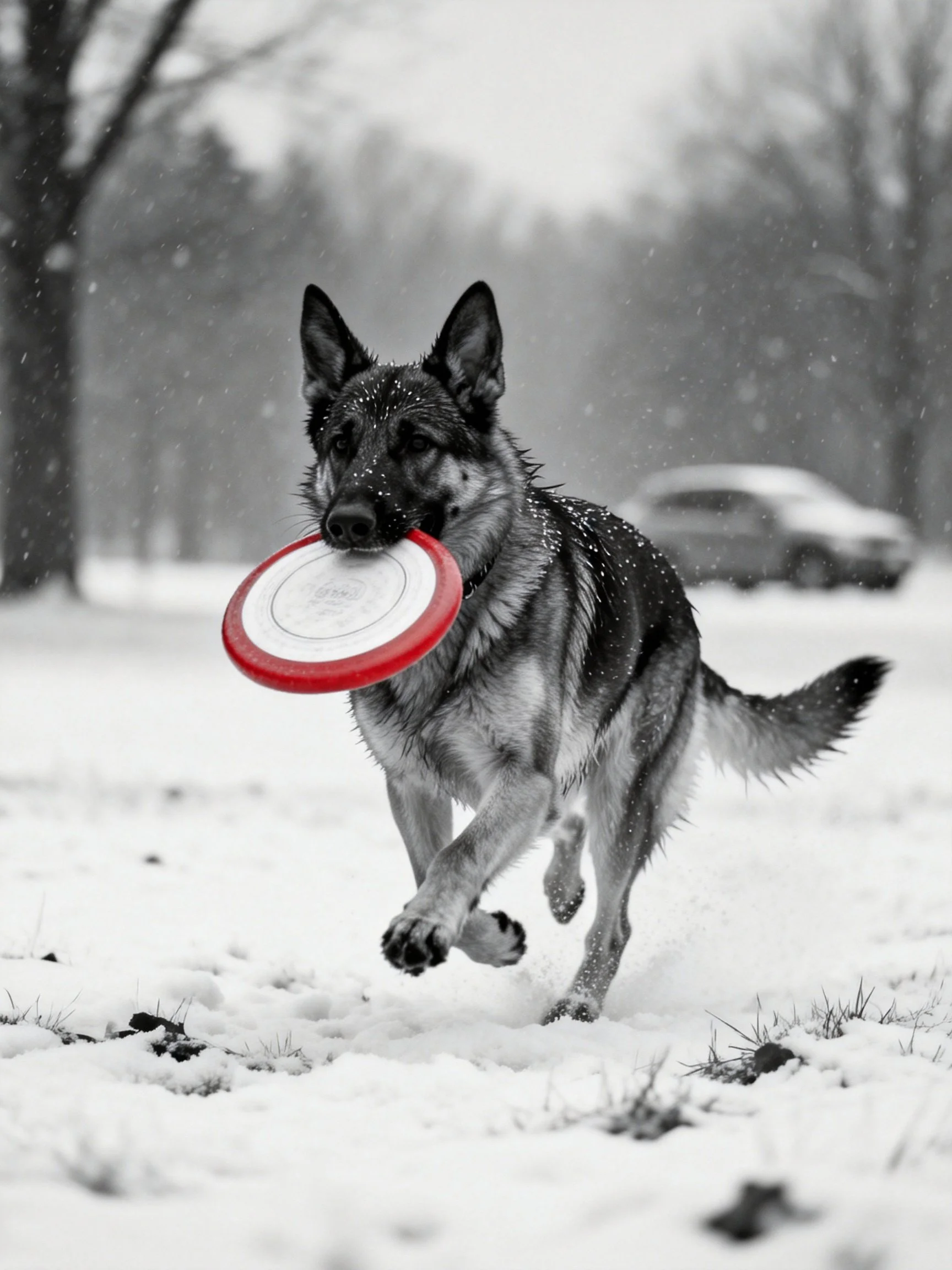 A German Shepherd carrying a red frisbee through snow-covered terrain