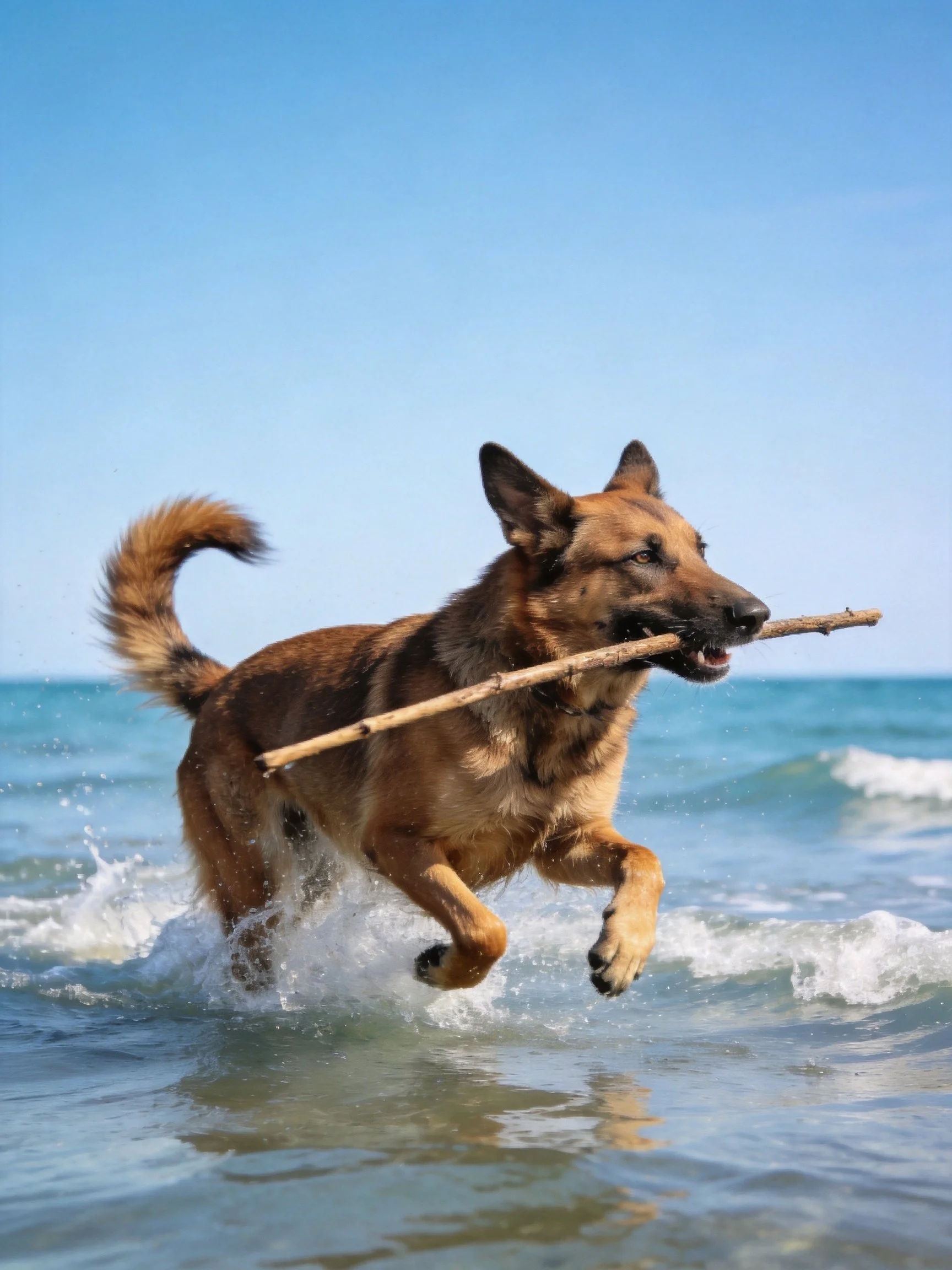 A German Shepherd carrying a stick runs through ocean waves