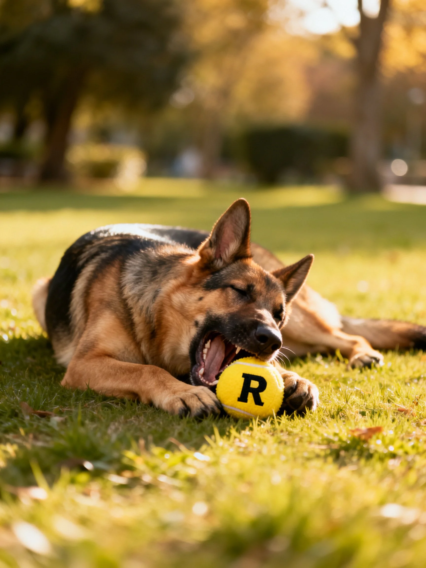 A German Shepherd chews ayellow tennis ball labeled R on green grass