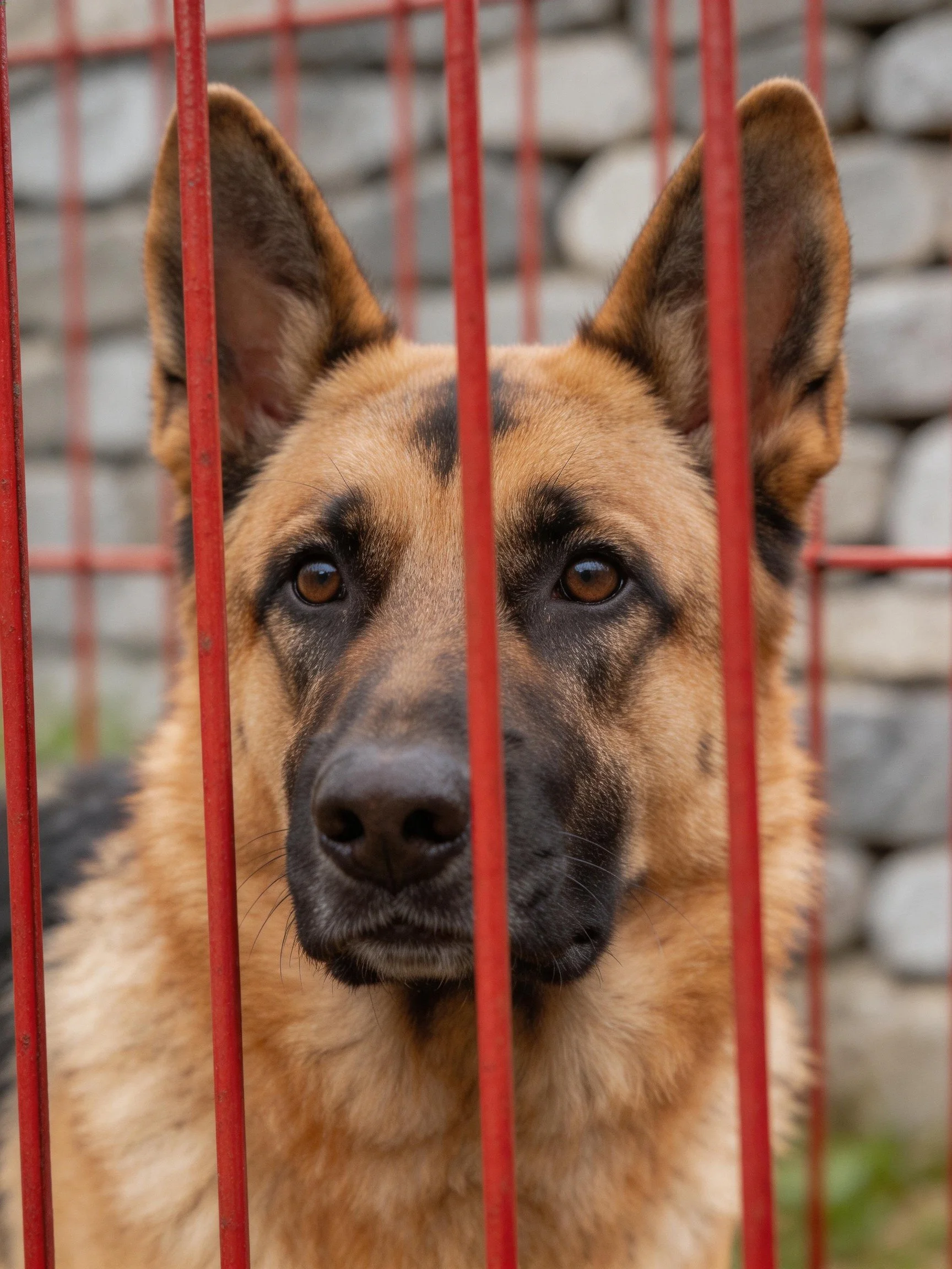 A German Shepherd dog is behind red metal bars with a stone wall in the background.