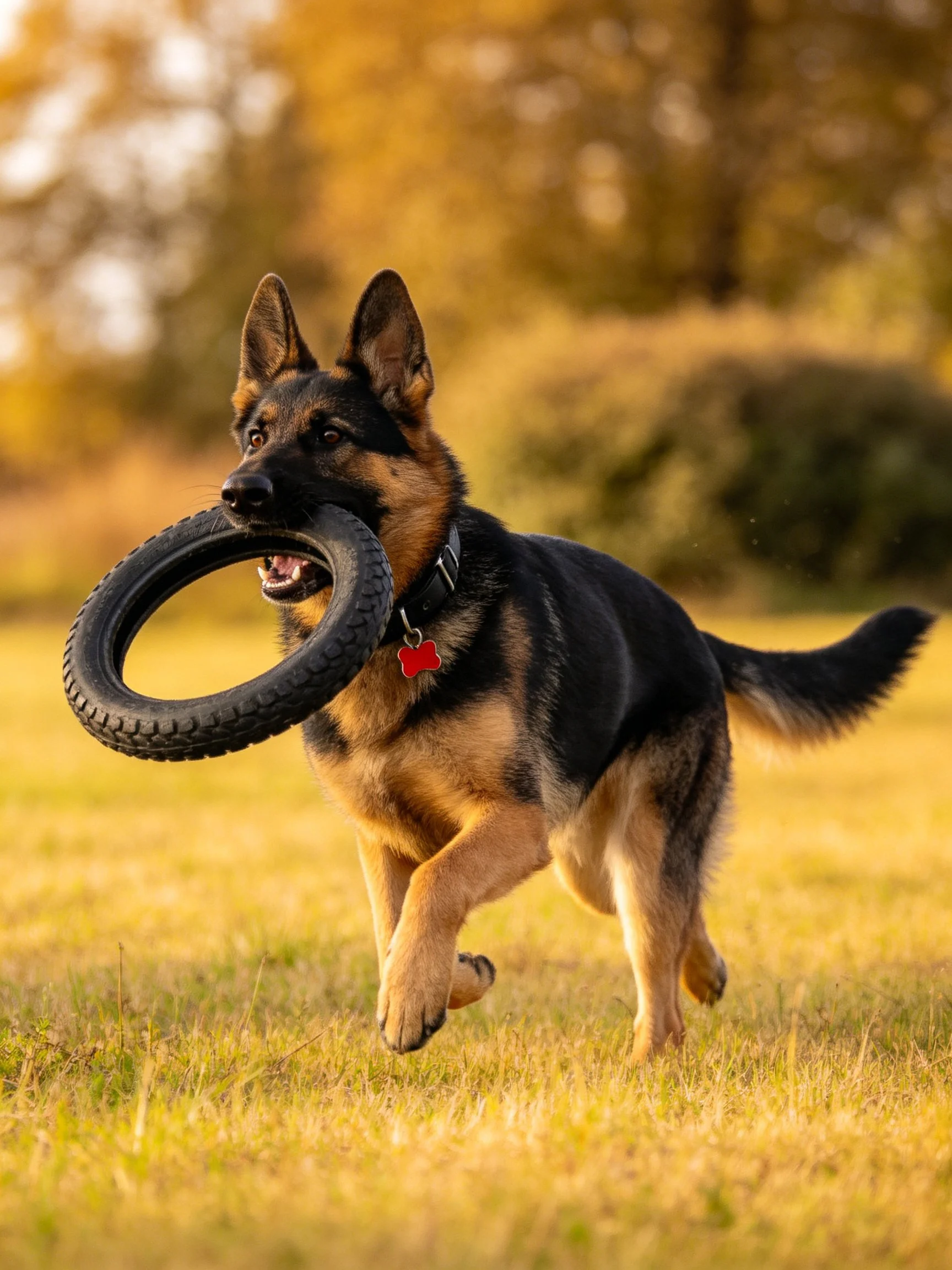 A German Shepherd dog carries a black tire in a sunlit field