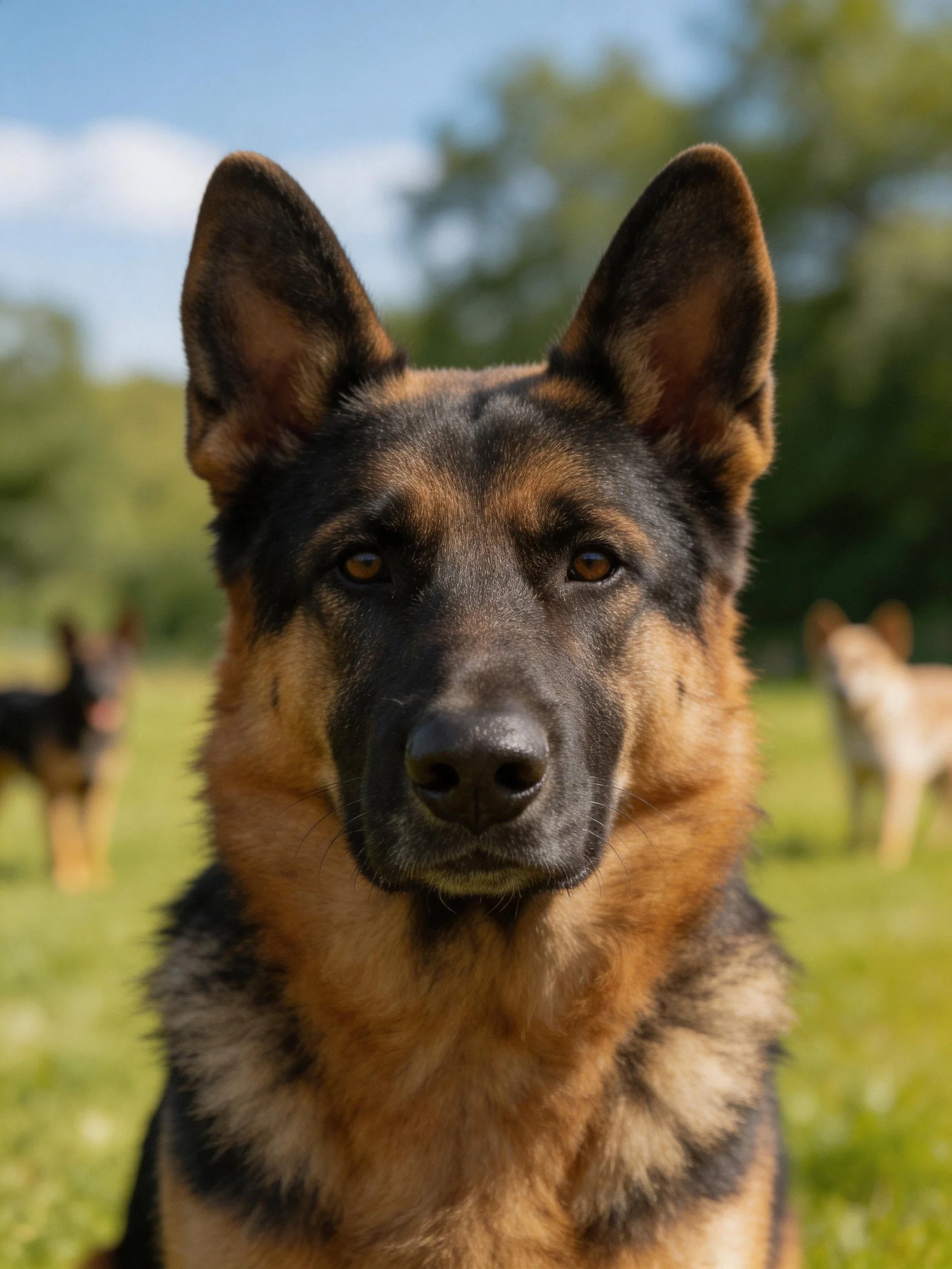 A German Shepherd dog is centered in a photograph with other dogs and greenery in the background.