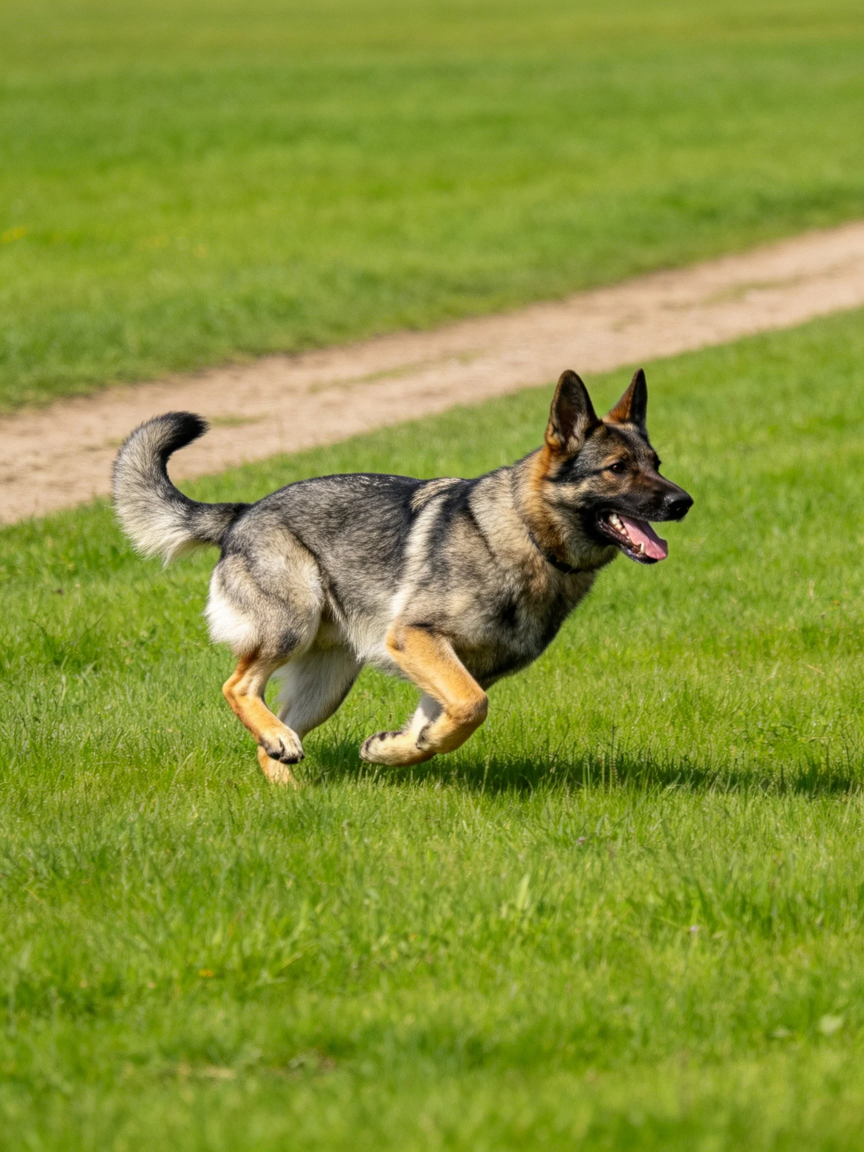 A German Shepherd dog dashes across lush green grass near a dirt path