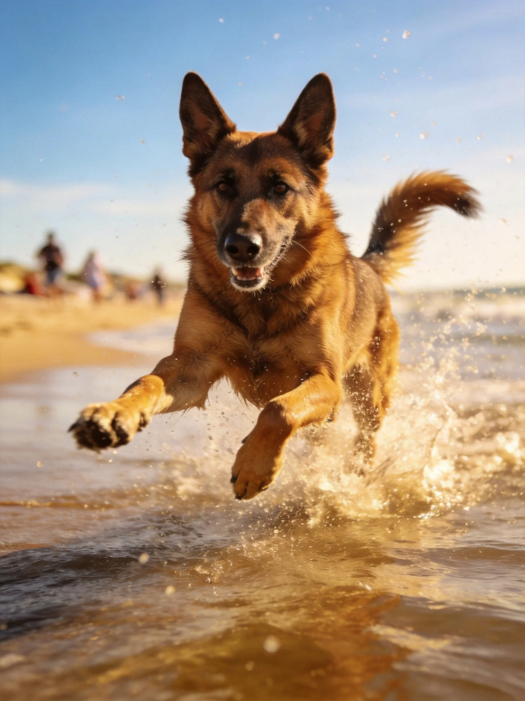 A German Shepherd dog dashes through splashing ocean water on a sunny beach