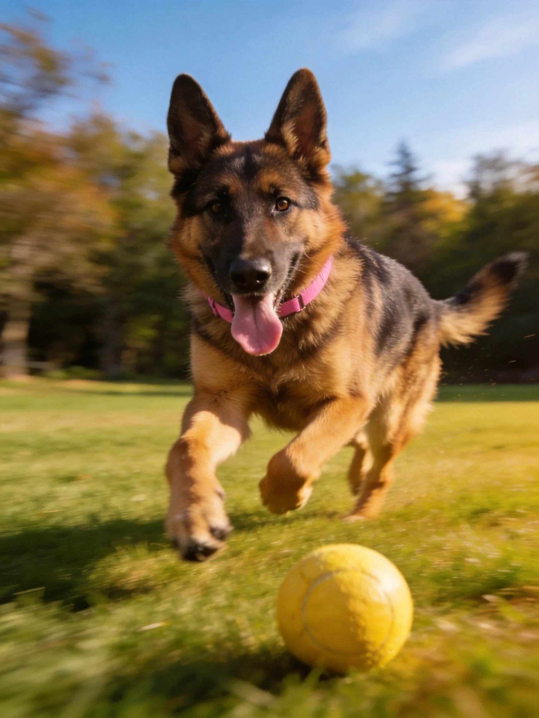 A German Shepherd dog dashes toward a yellow tennis ball on grassy terrain