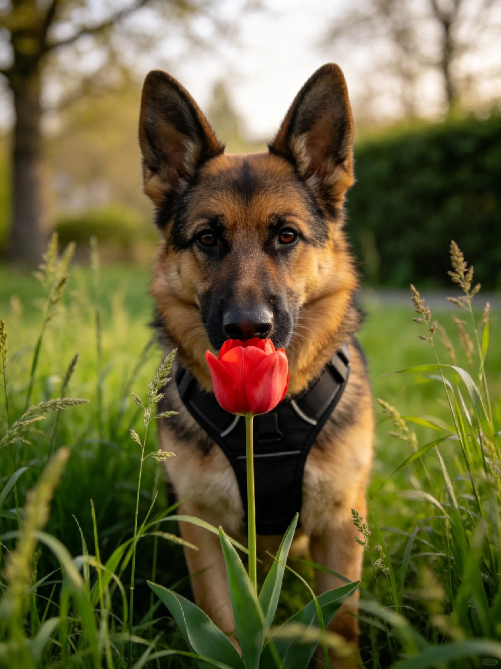 A German Shepherd dog holds a red tulip amid tall green grass.