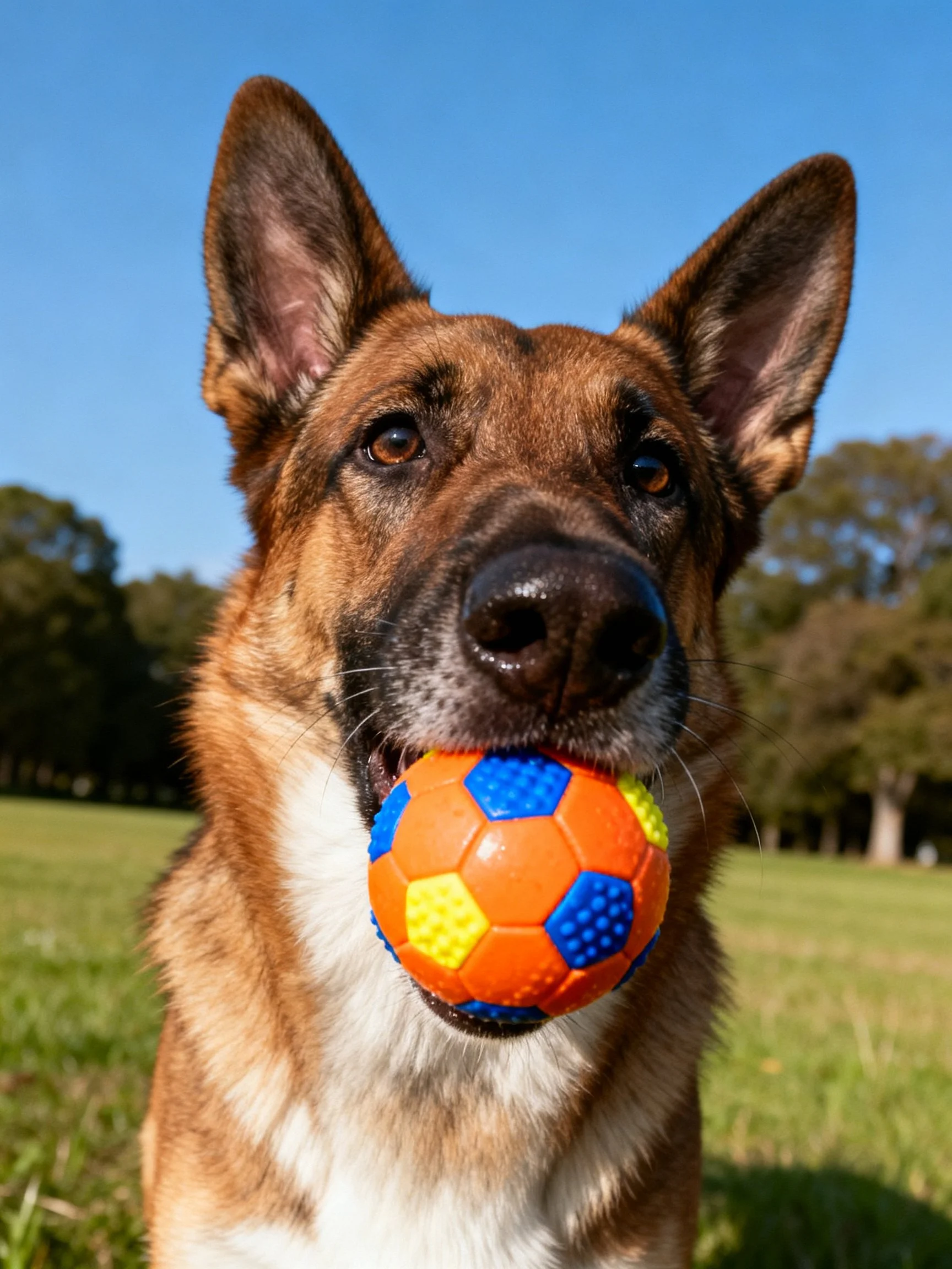 A German Shepherd carries a brightly colored ball in a sunny field.