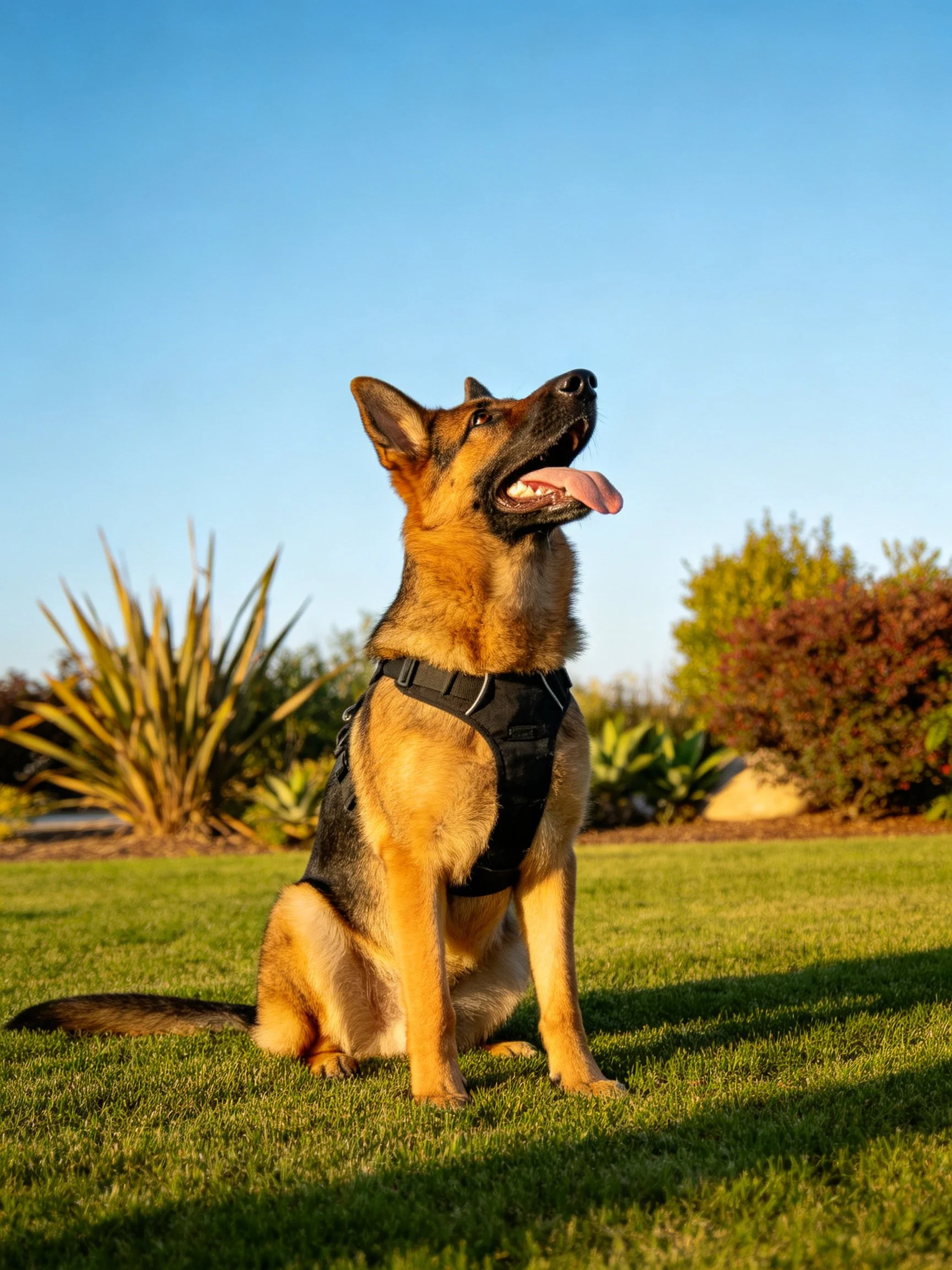 A German Shepherd dog in a black harness sits on green grass