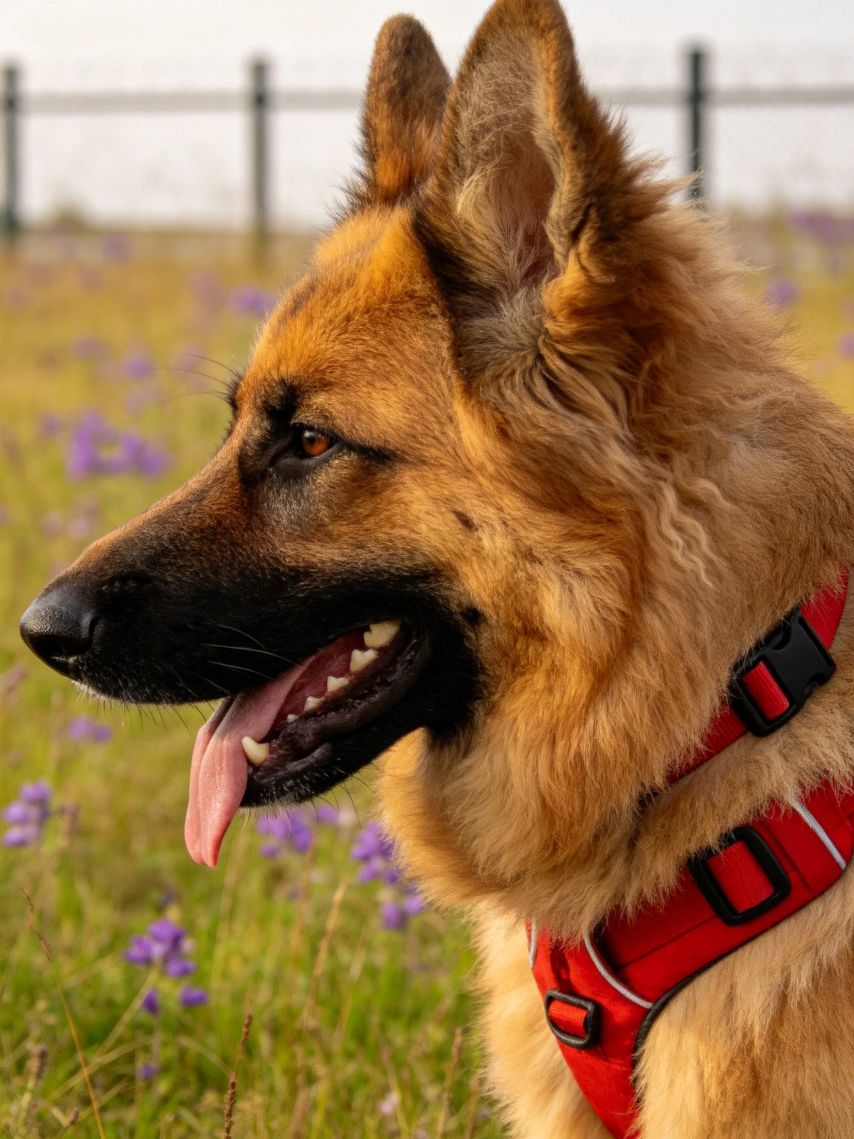 A German Shepherd dog in a red harness among purple wildflowers