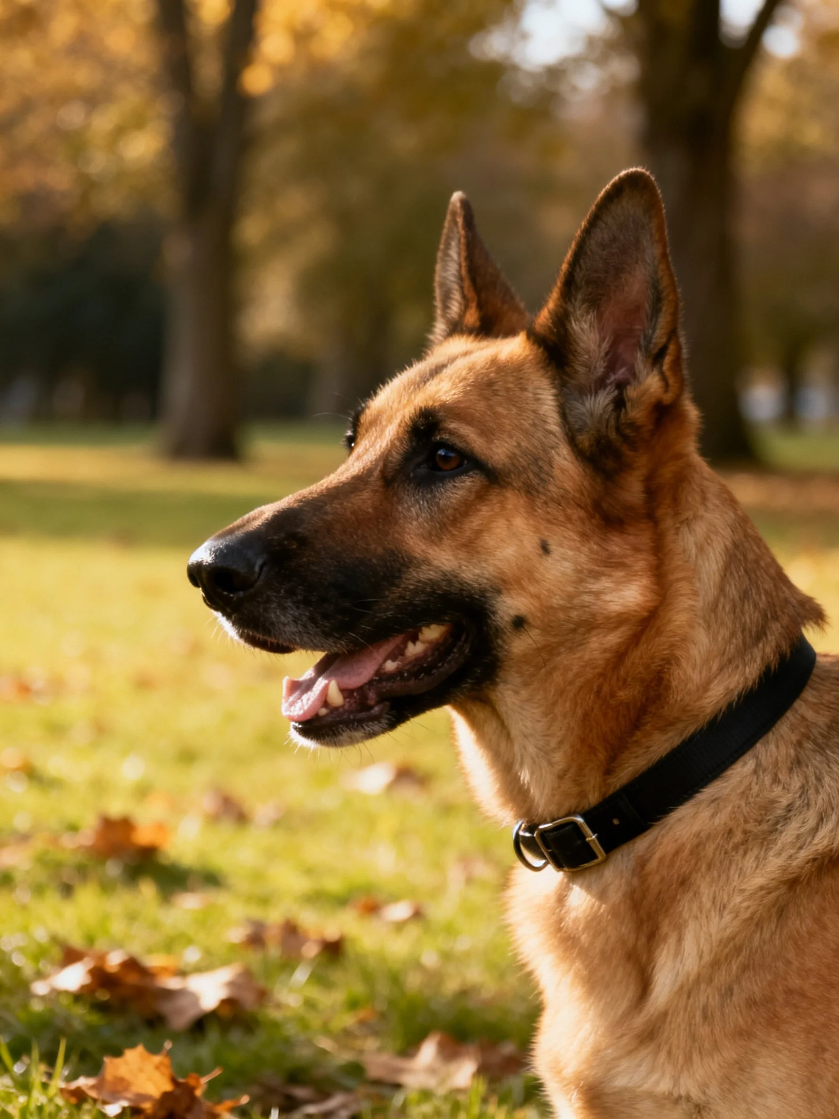 A German Shepherd dog in a sunlit autumn park