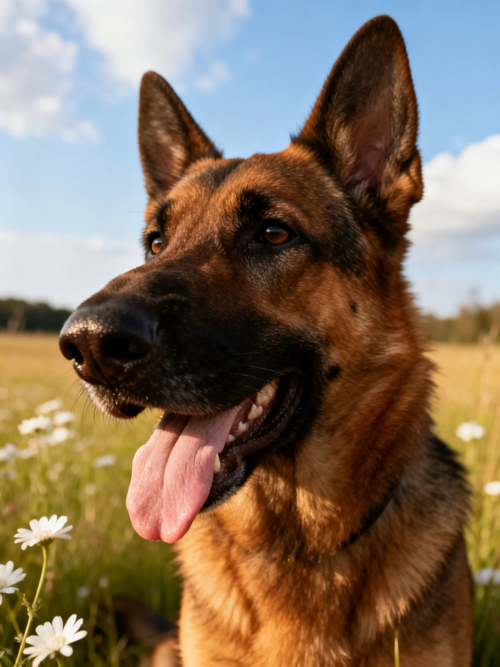 A German Shepherd dog in a sunlit meadow with white flowers