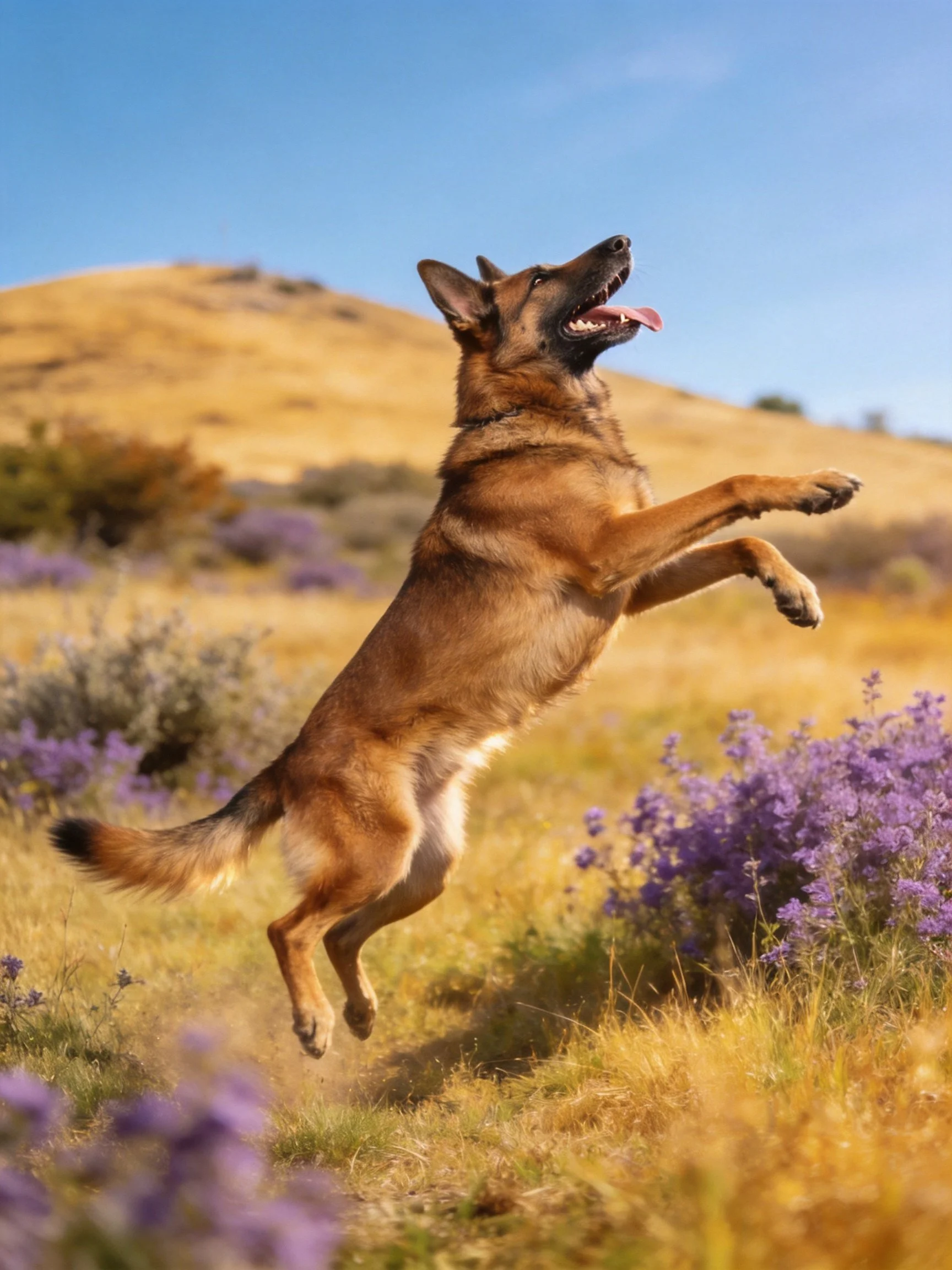 A German Shepherd dog jumps energetically among golden hills and purple wildflowers