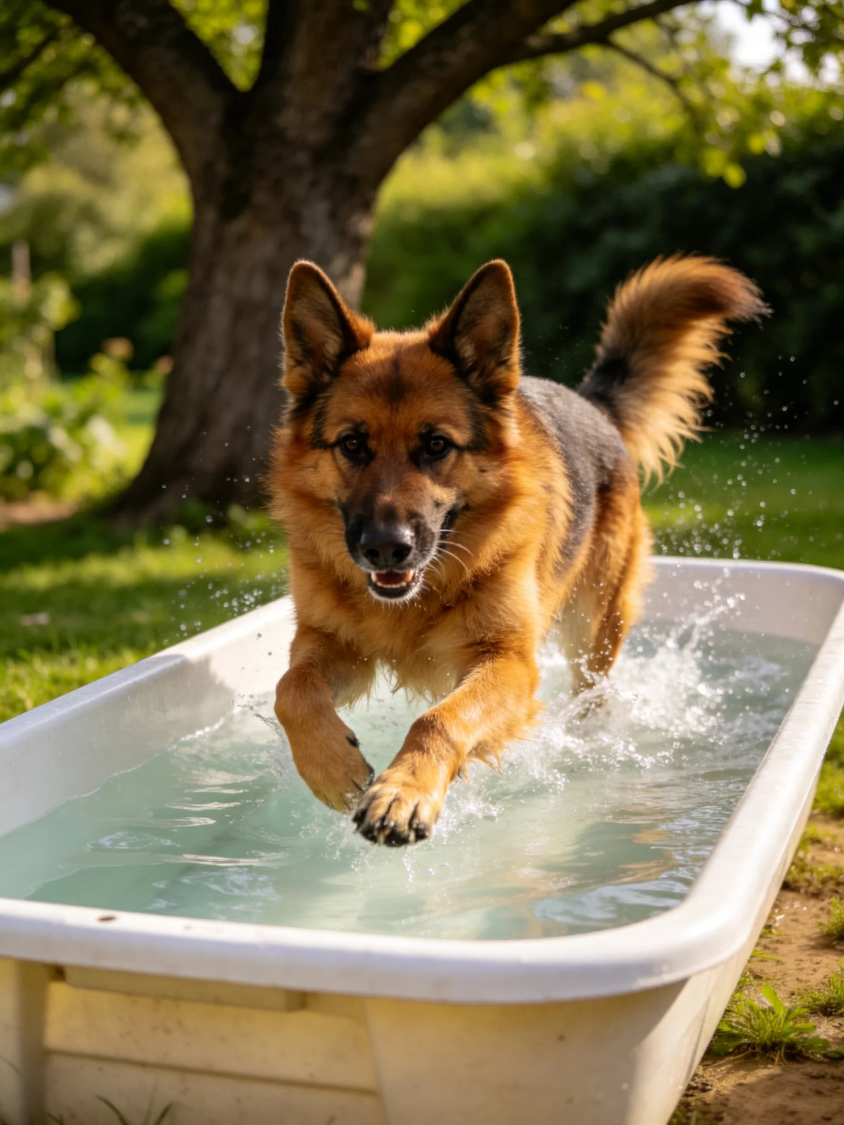A German Shepherd dog leaping through water in an outdoor tub