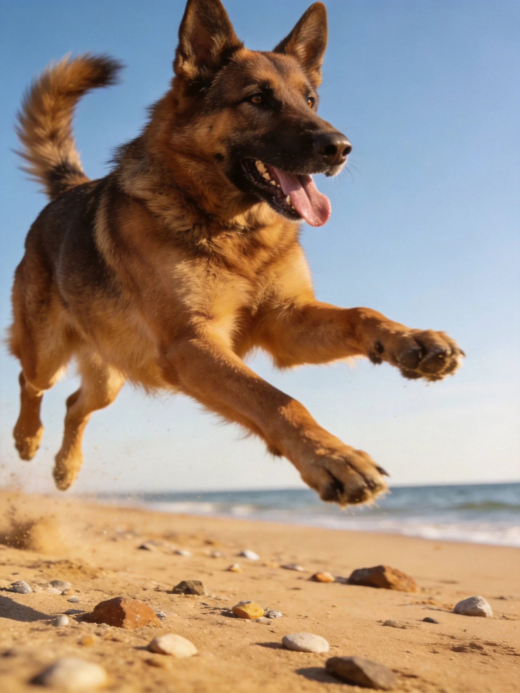 A German Shepherd dog leaps joyfully on a sandy beach