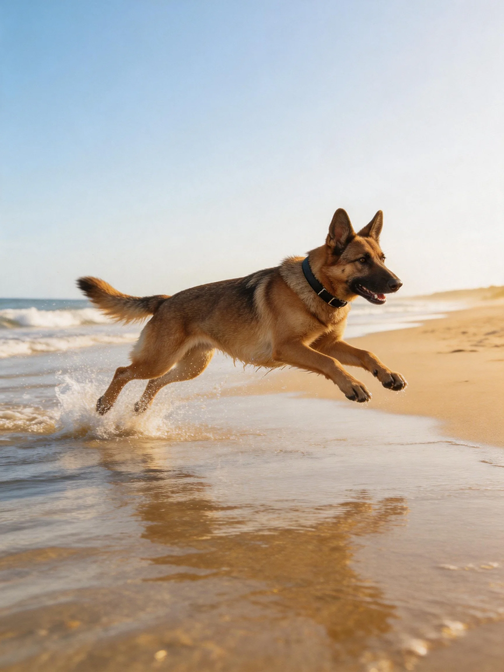 A German Shepherd dog runs energetically along the shoreline near the ocean.
