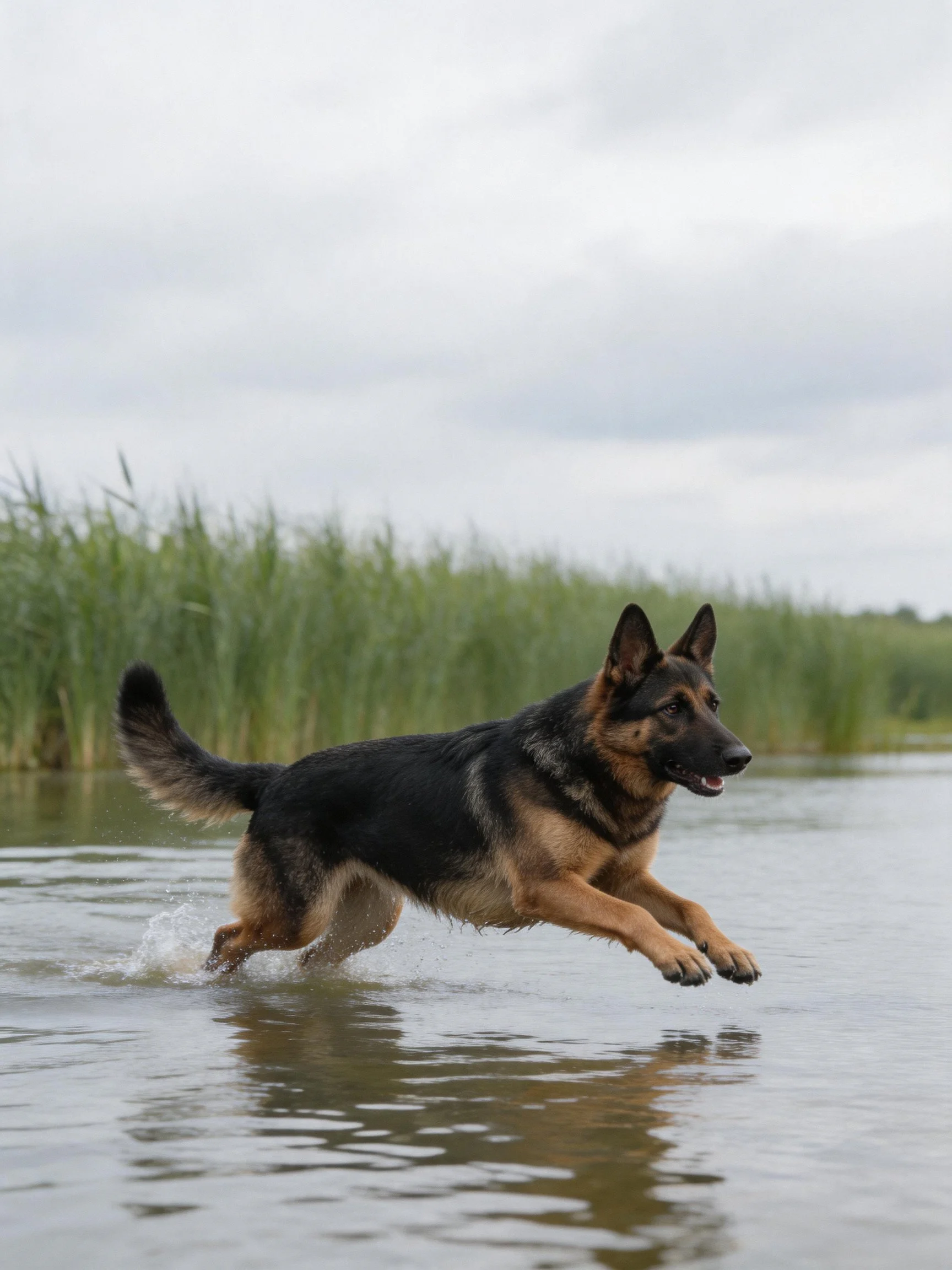 A German Shepherd dog leaps through shallow water near tall green reeds