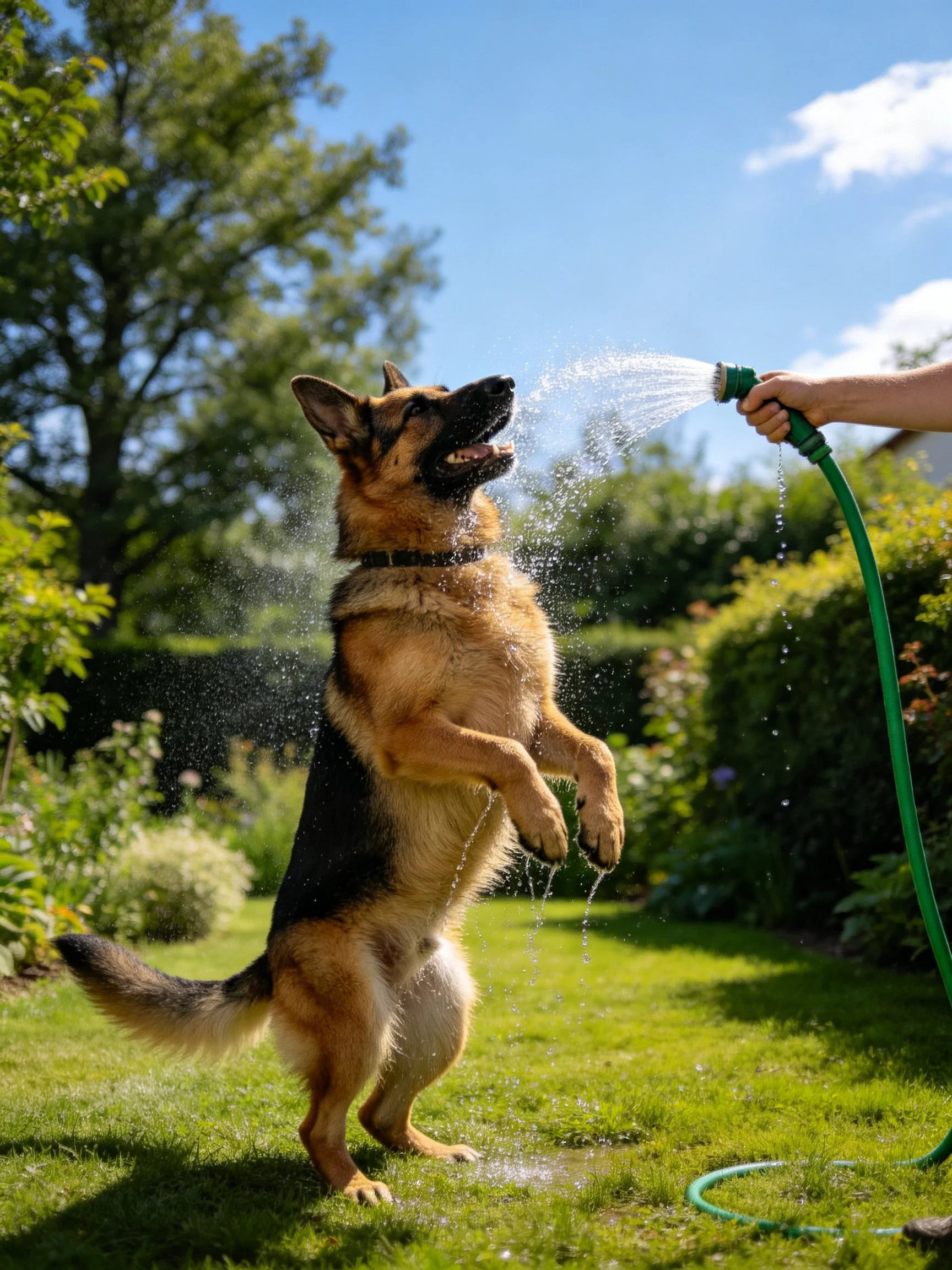 A German Shepherd dog leaps toward a green garden hose in sunny backyard