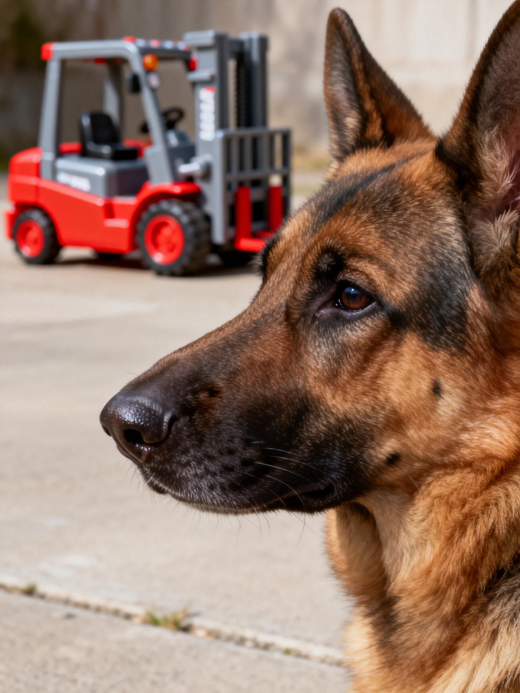 A German Shepherd dog stands near a small red and gray toy forklift.