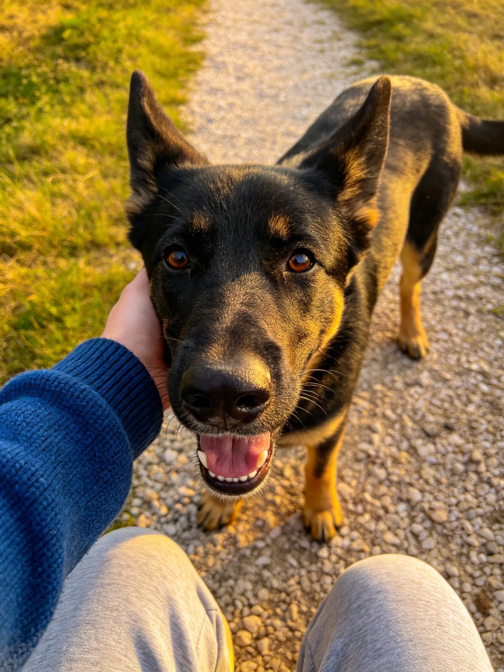 A German Shepherd dog on a gravel path during golden hour