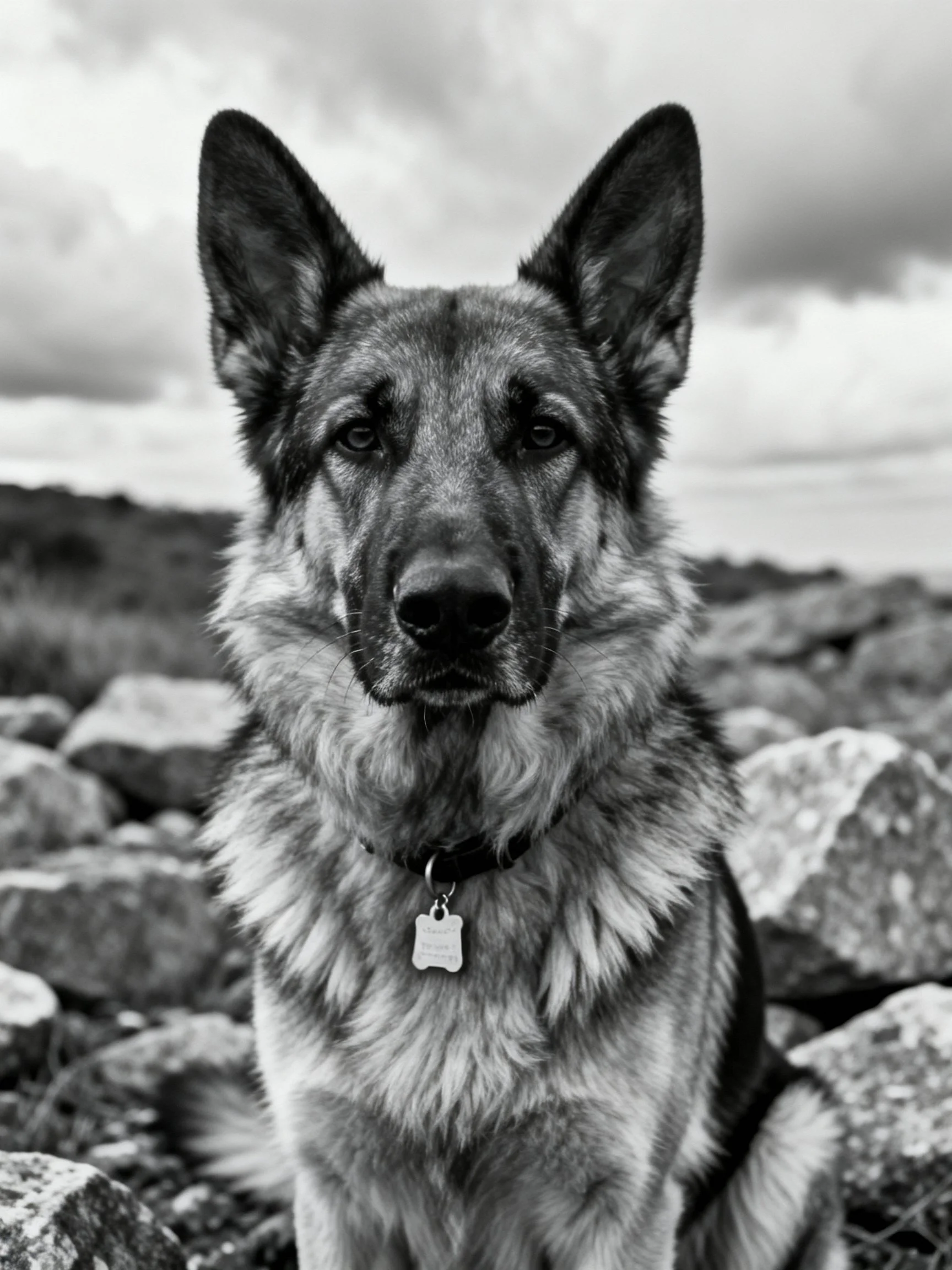 A German Shepherd dog posed near scattered rocks in a monochrome landscape
