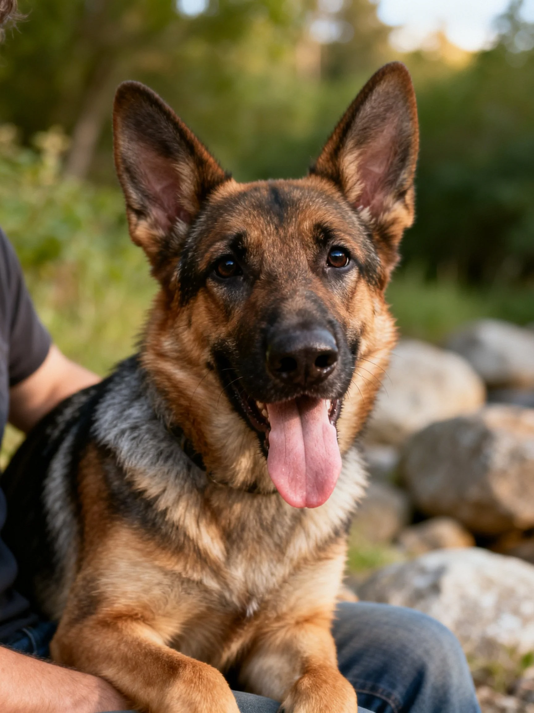 A German Shepherd sits calmly near rocks amid greenery.