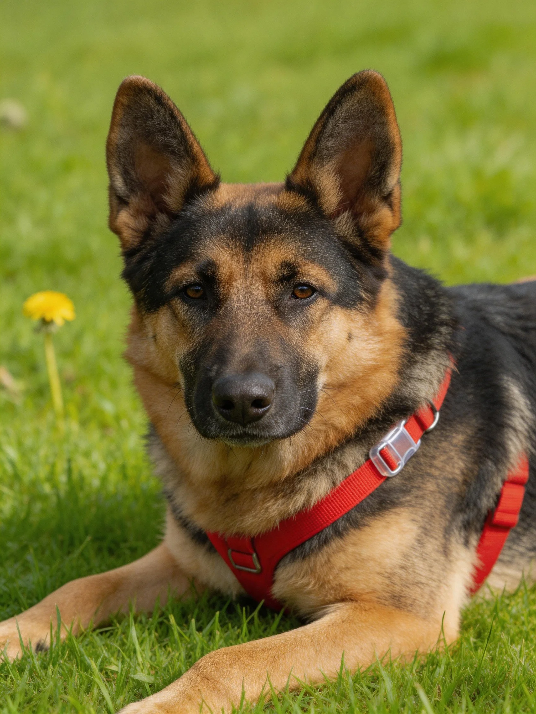 A German Shepherd dog lies calmly on green grass near a yellow flower.