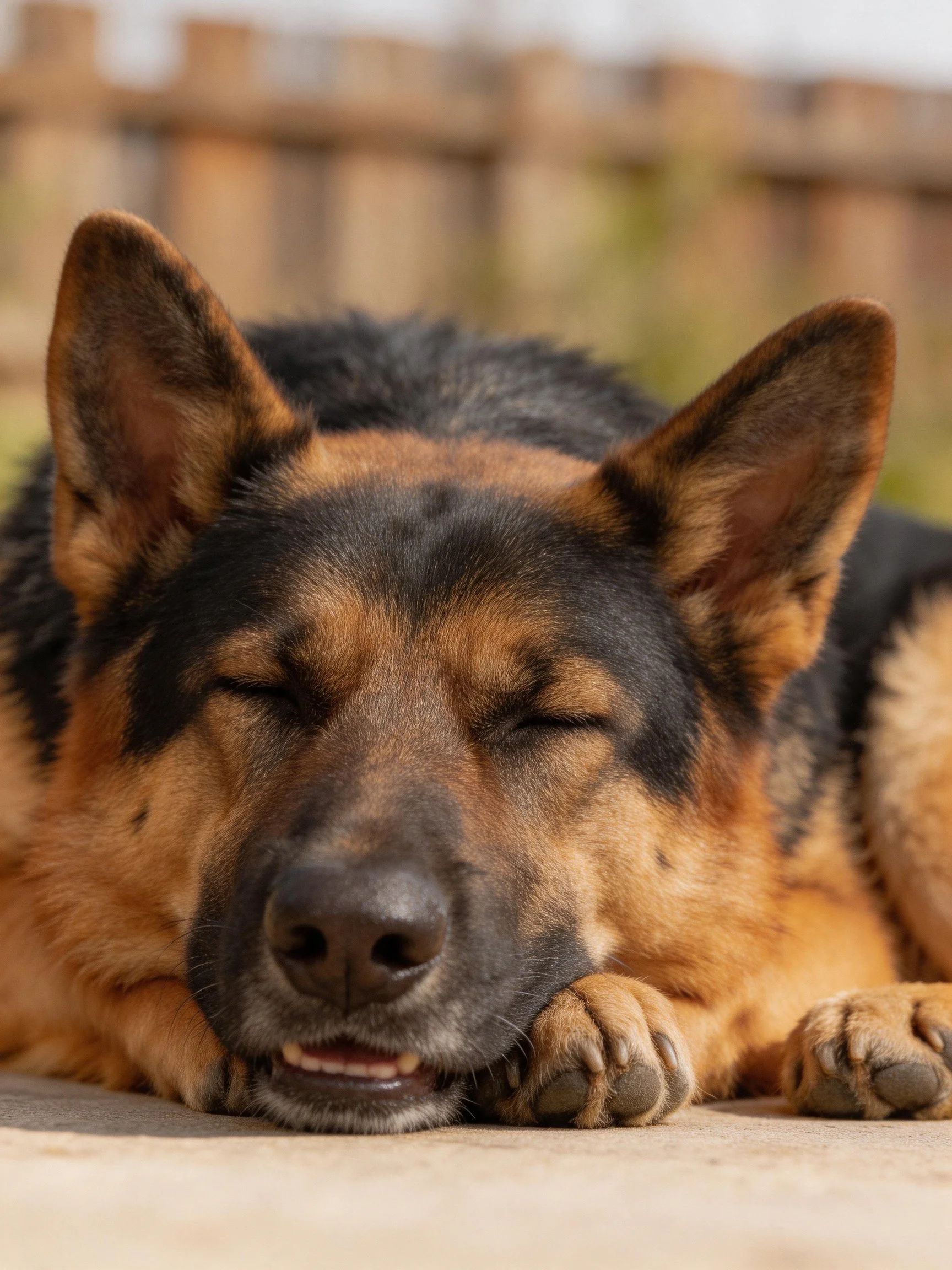 A German Shepherd dog rests peacefully with closed eyes on a concrete surface.