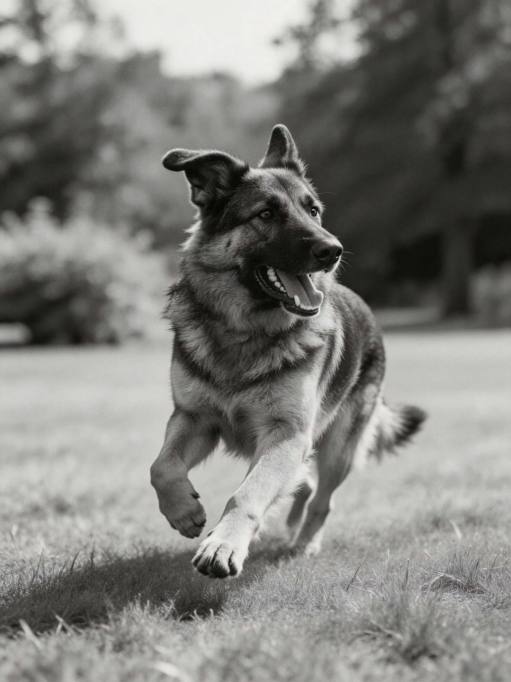 A German Shepherd dog running energetically on grass in a black and white photograph.