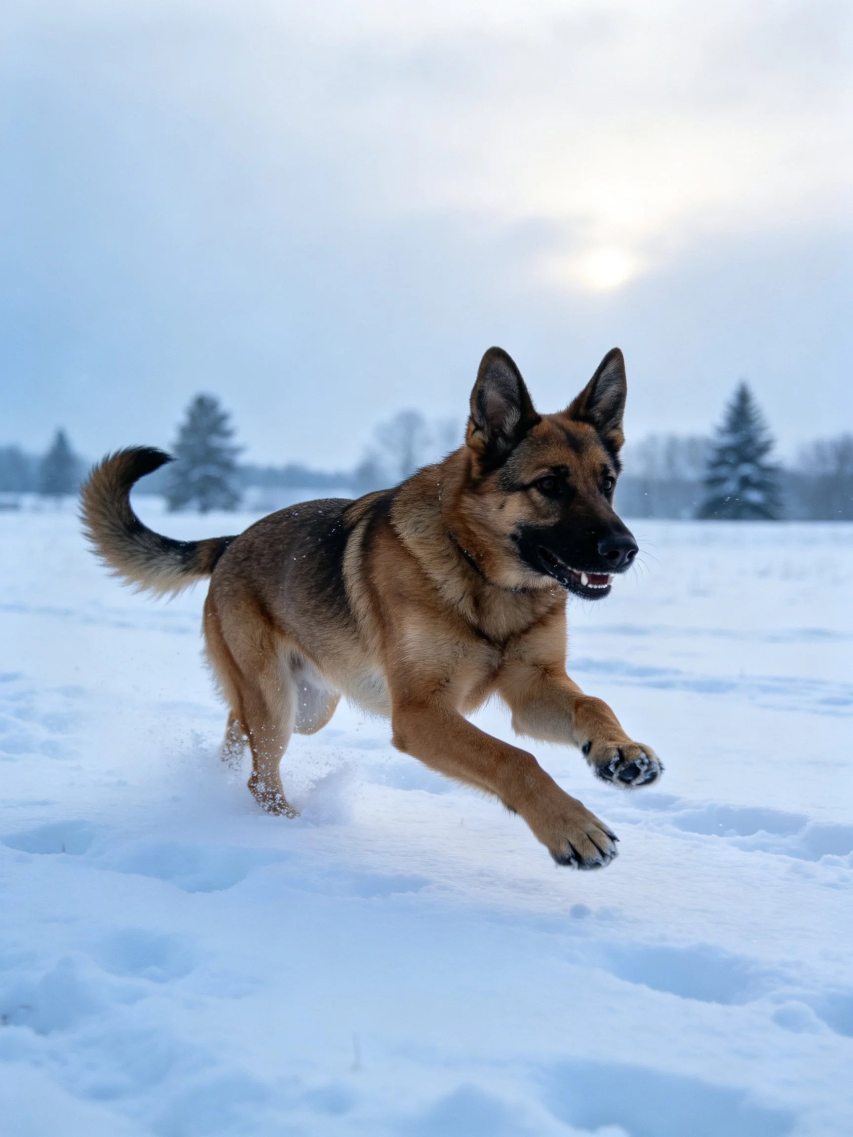 A German Shepherd dog running through deep snowy landscape