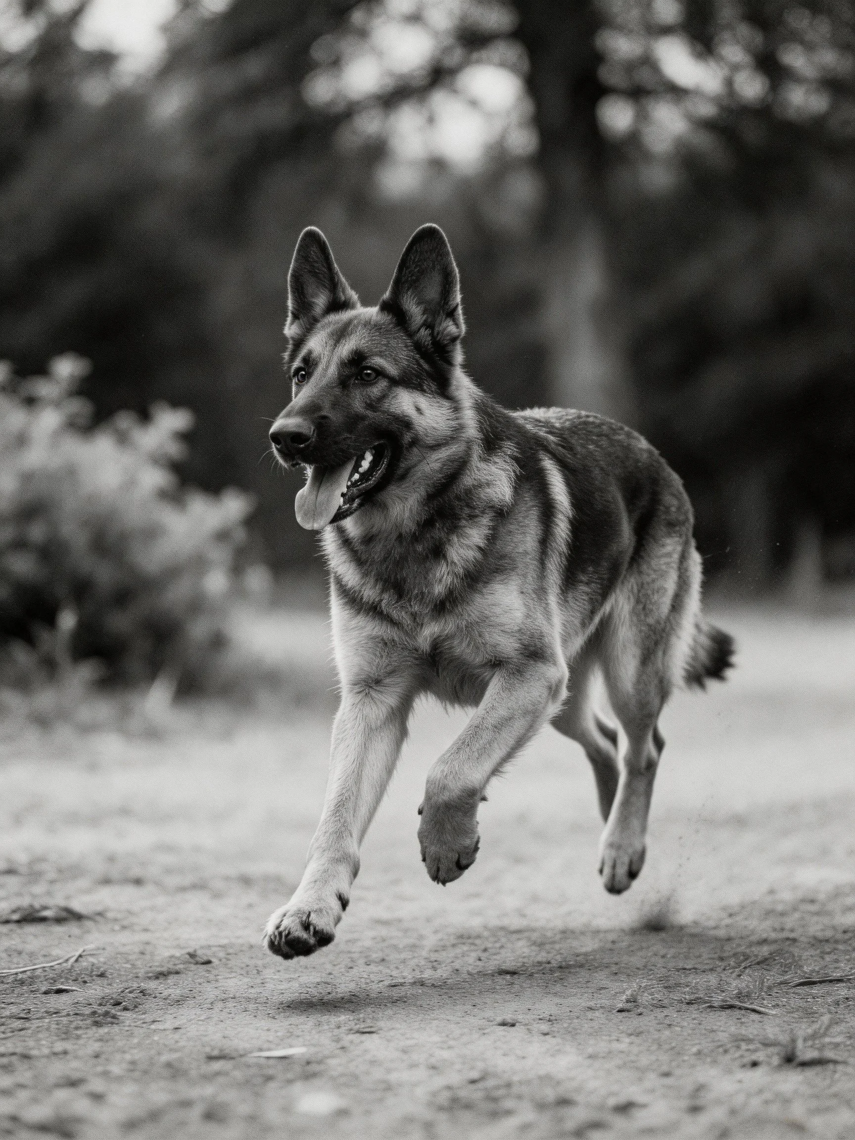 A German Shepherd dog runs energetically in an outdoor setting