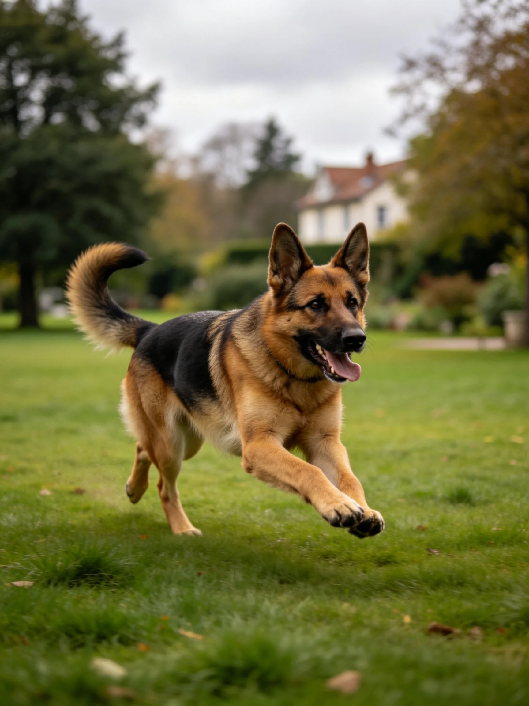 A German Shepherd dog runs energetically on a green lawn