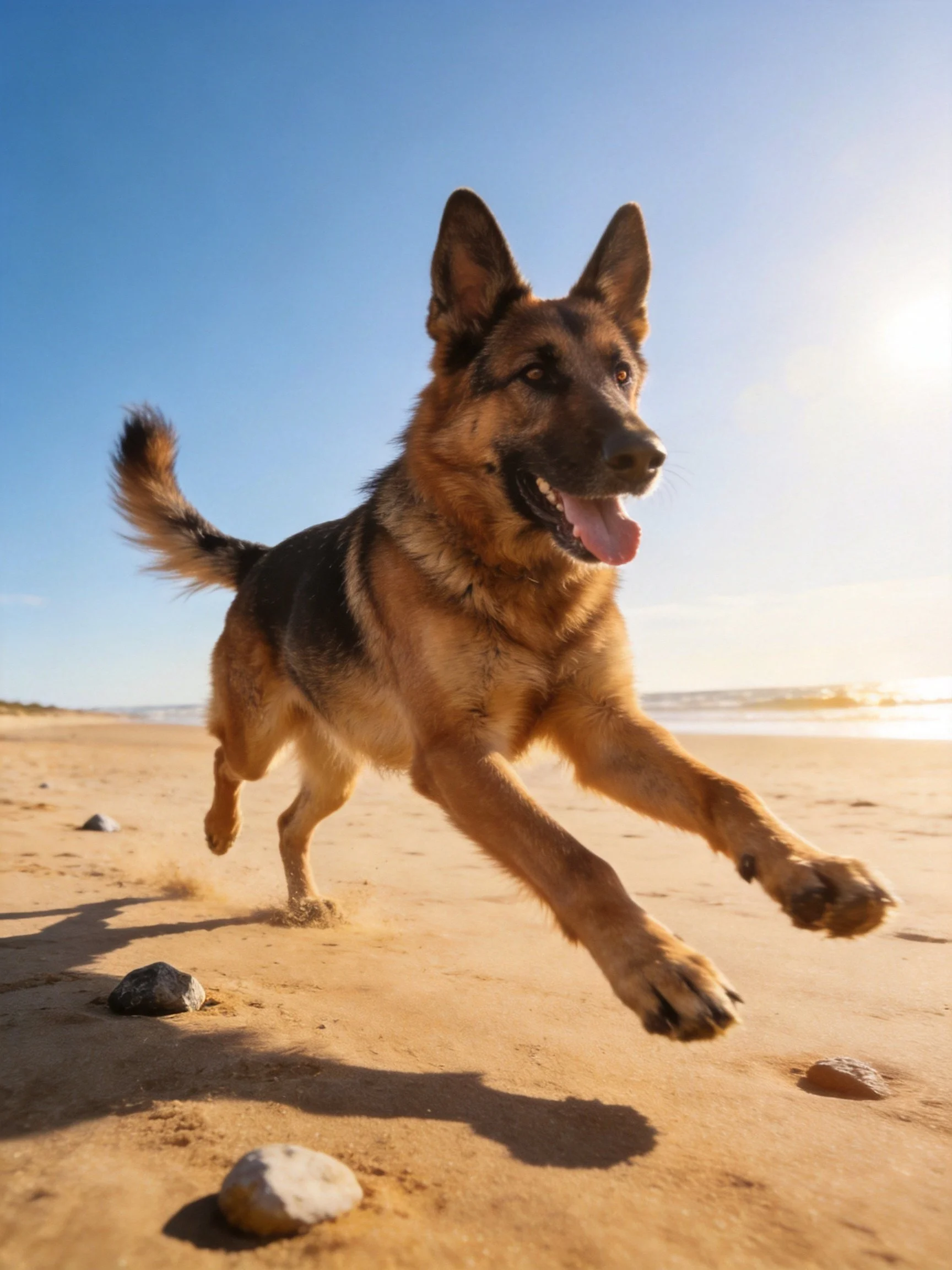 A German Shepherd dog dashes energetically along a sunny beach shoreline.