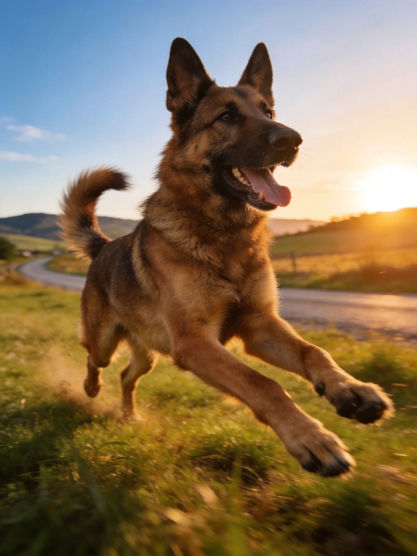 A German Shepherd dog dashes through a sunlit meadow near a winding road