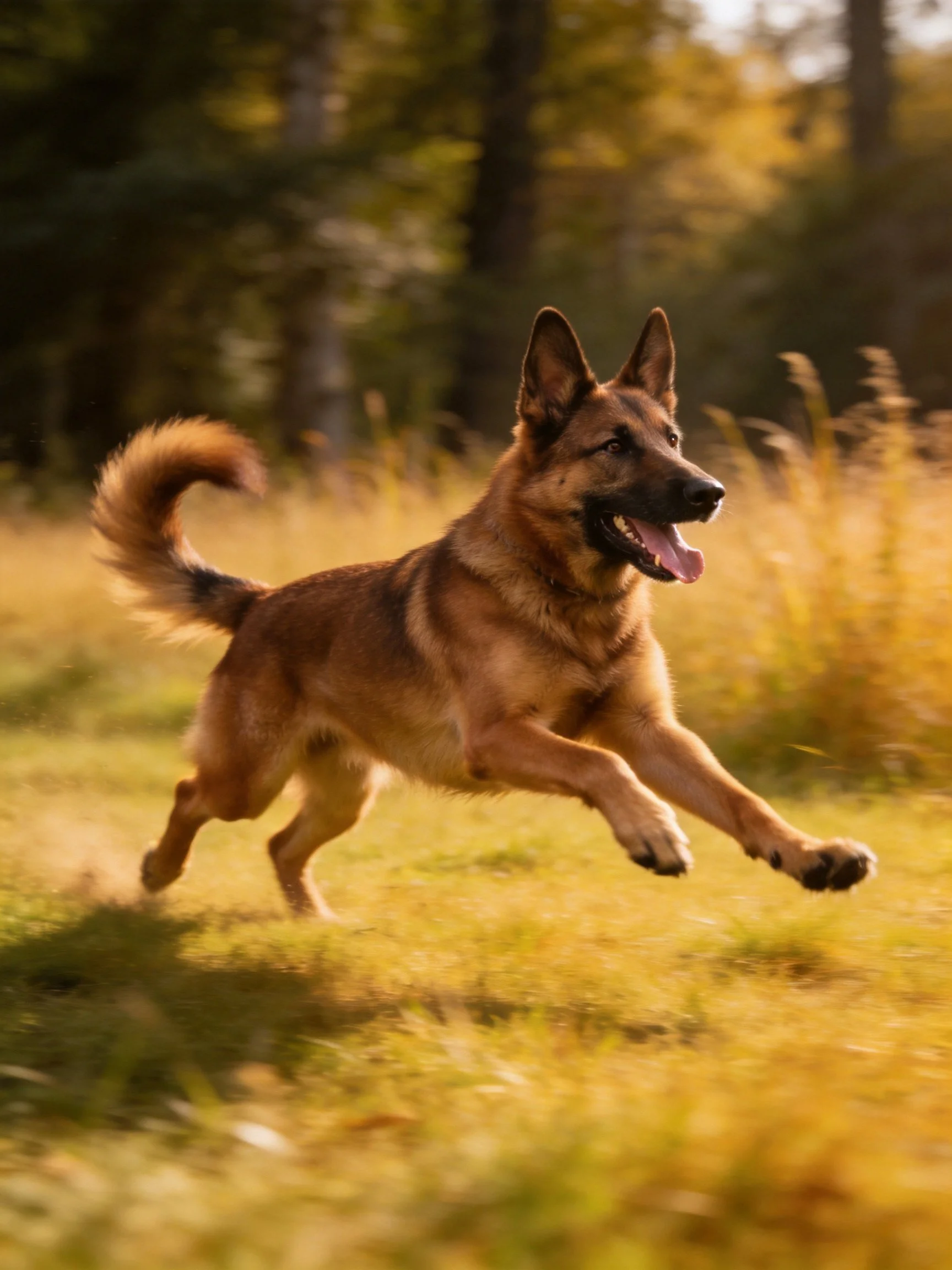 A German Shepherd dog joyfully runs through golden grass near trees.