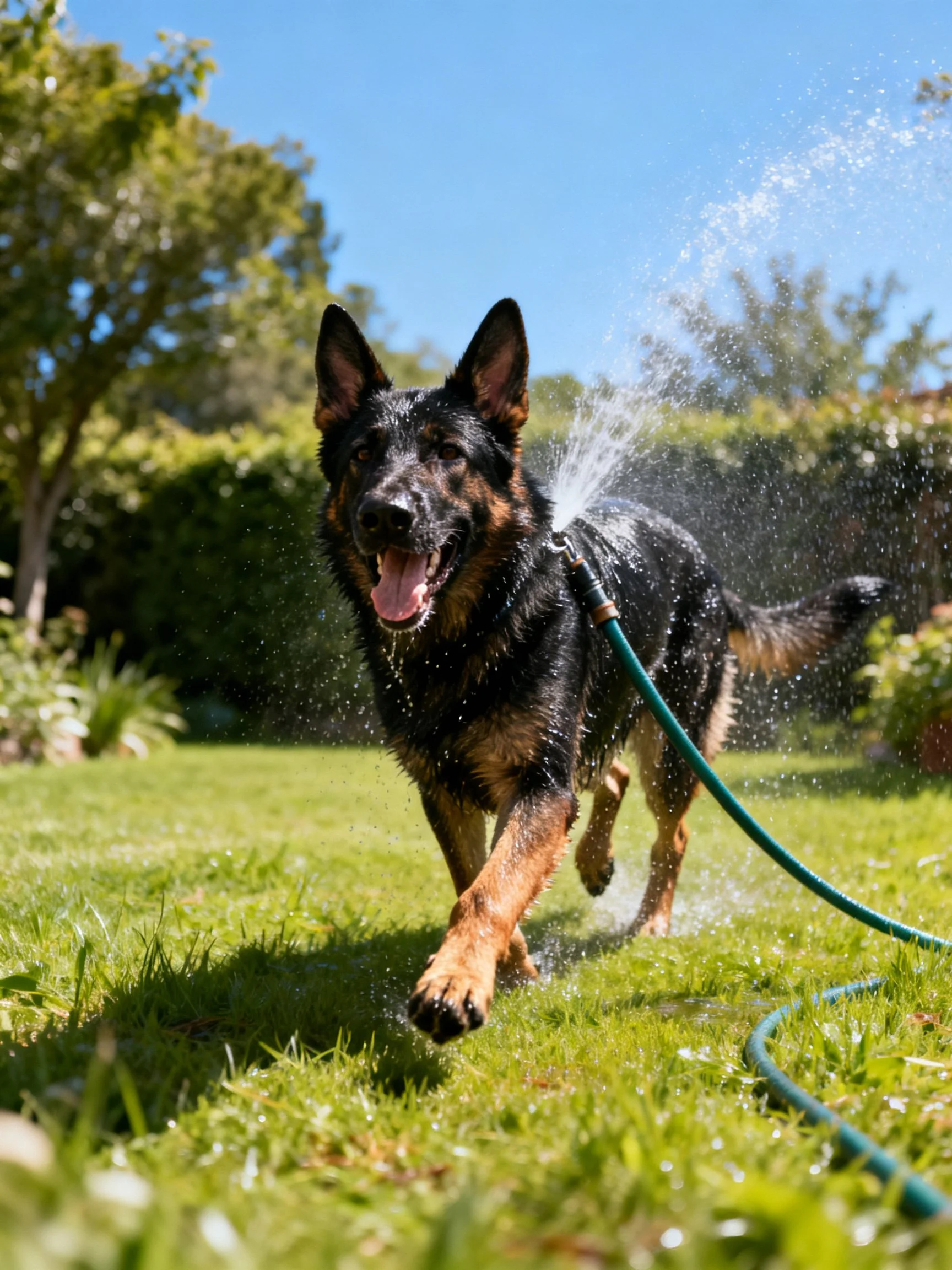 A German Shepherd dog runs through sprinkler water in a sunny backyard