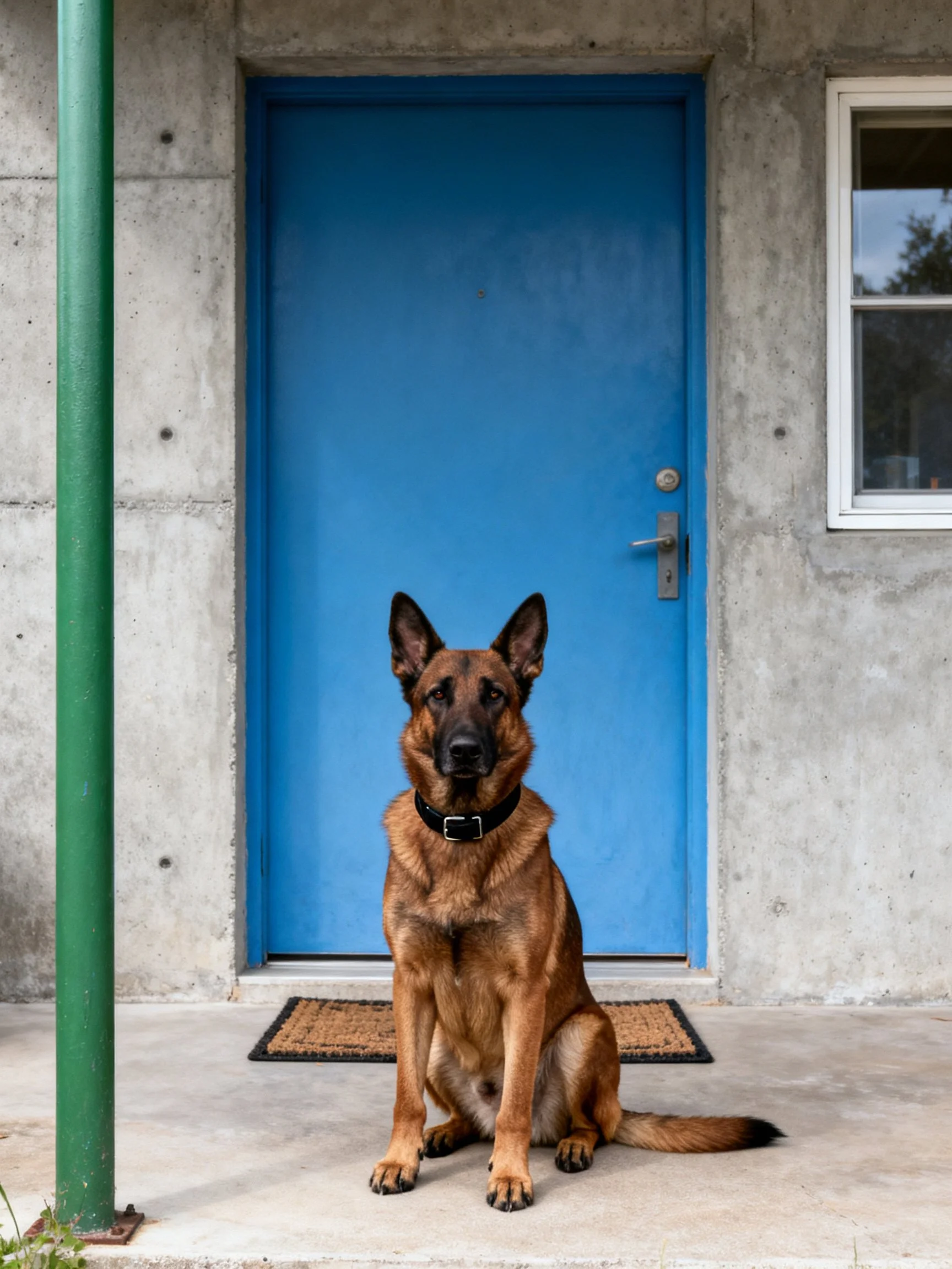 A German Shepherd dog sits before a bright blue door with gray concrete walls