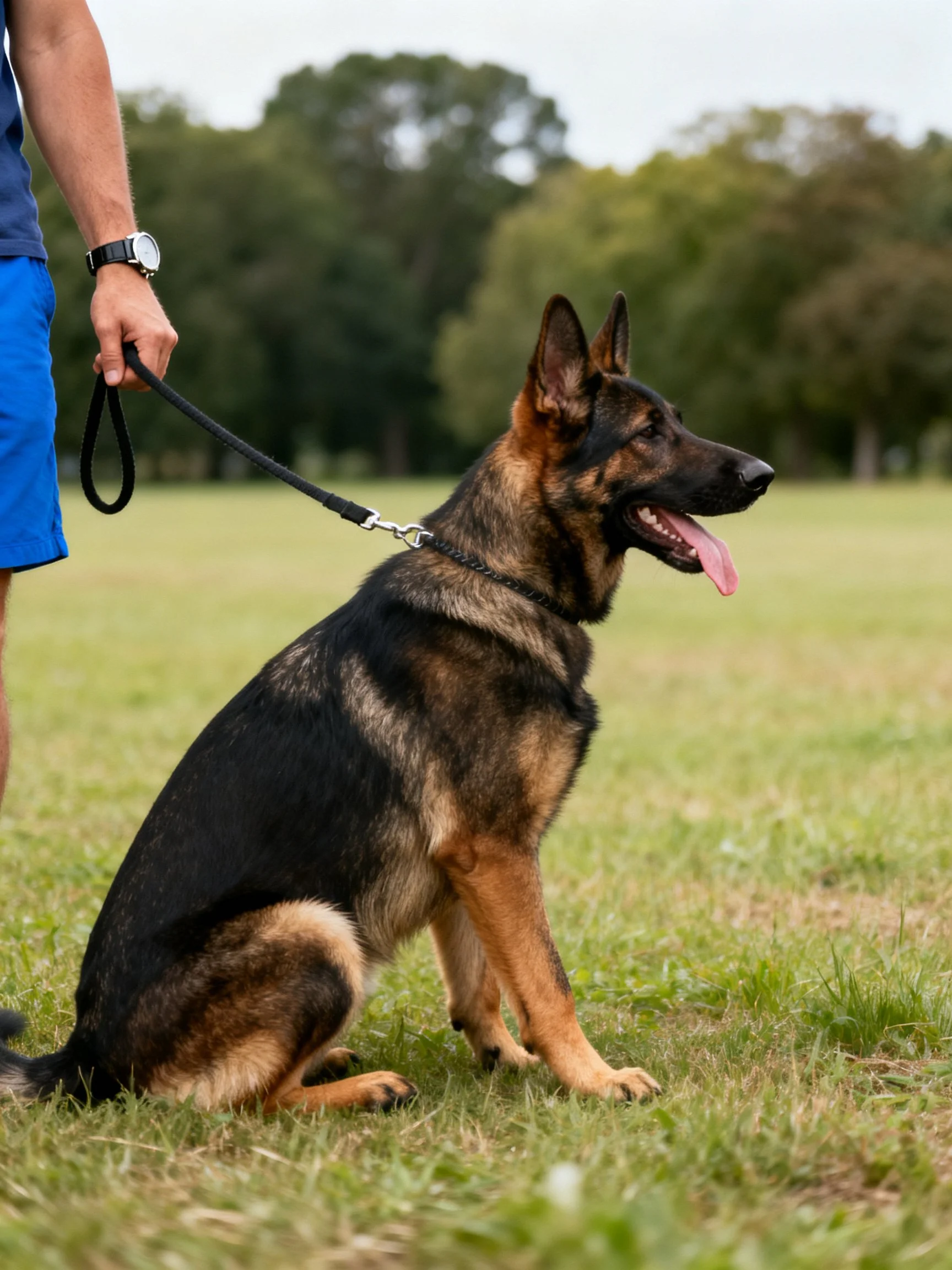 A German Shepherd dog sits calmly on grass while being leashed by a handler