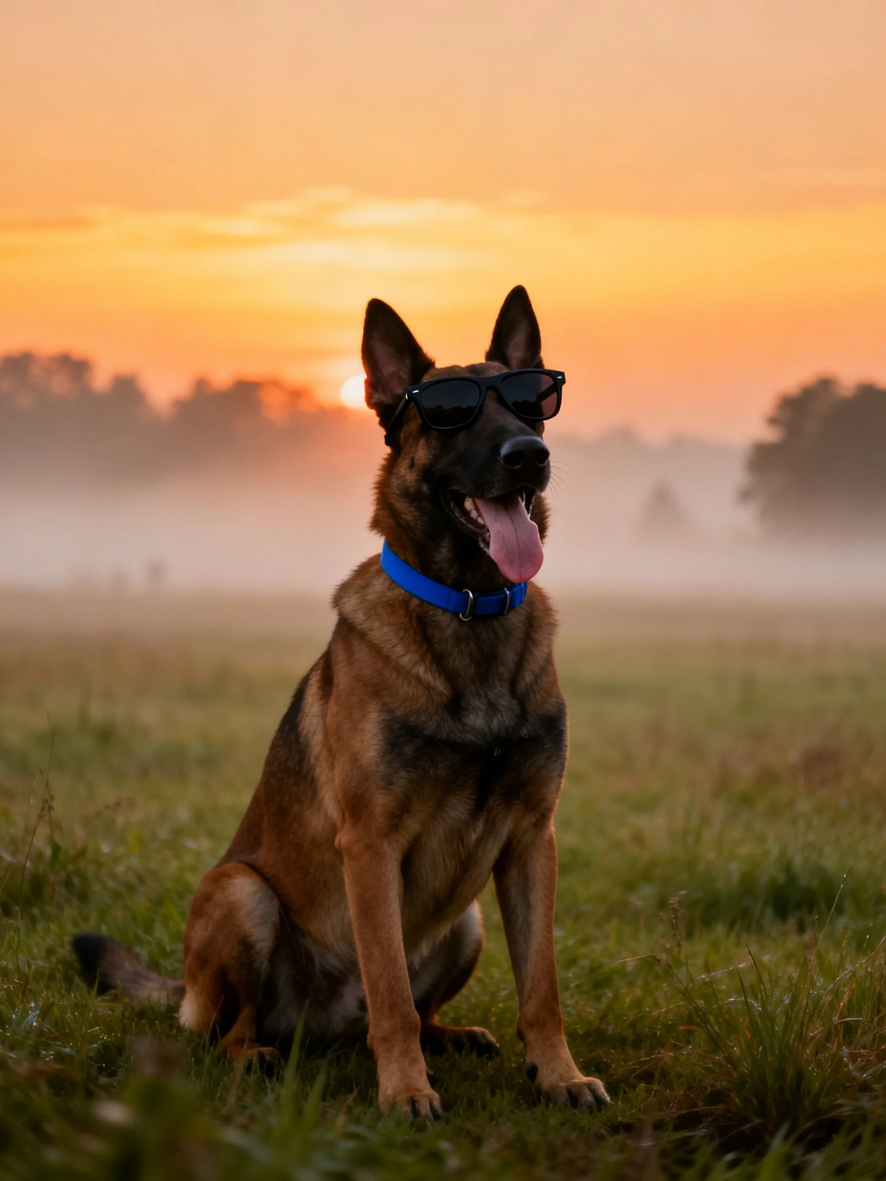 A German Shepherd dog wearing sunglasses sits calmly in a misty field at sunset