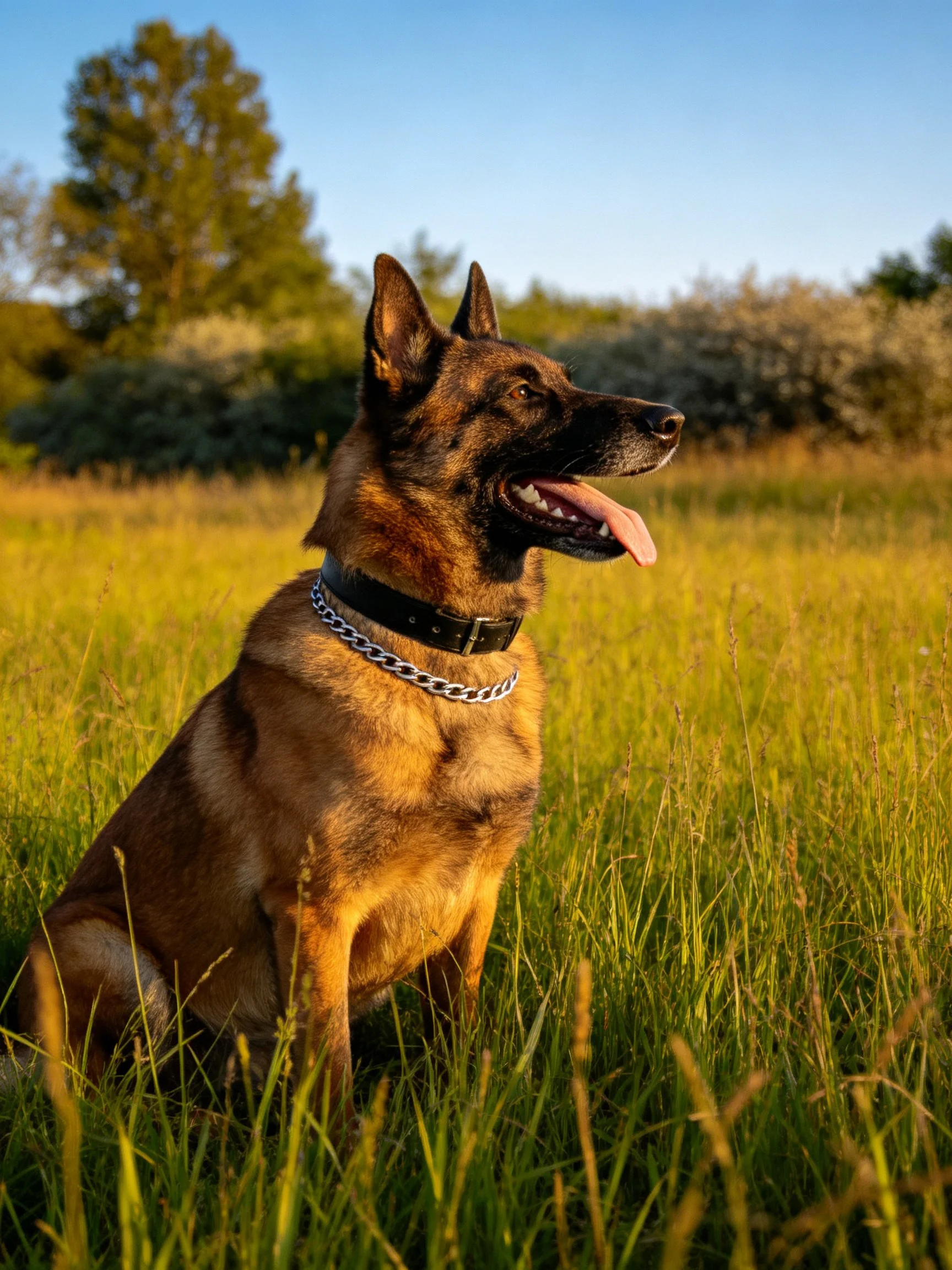 A German Shepherd dog sits calmly in a grassy field with trees in the background.