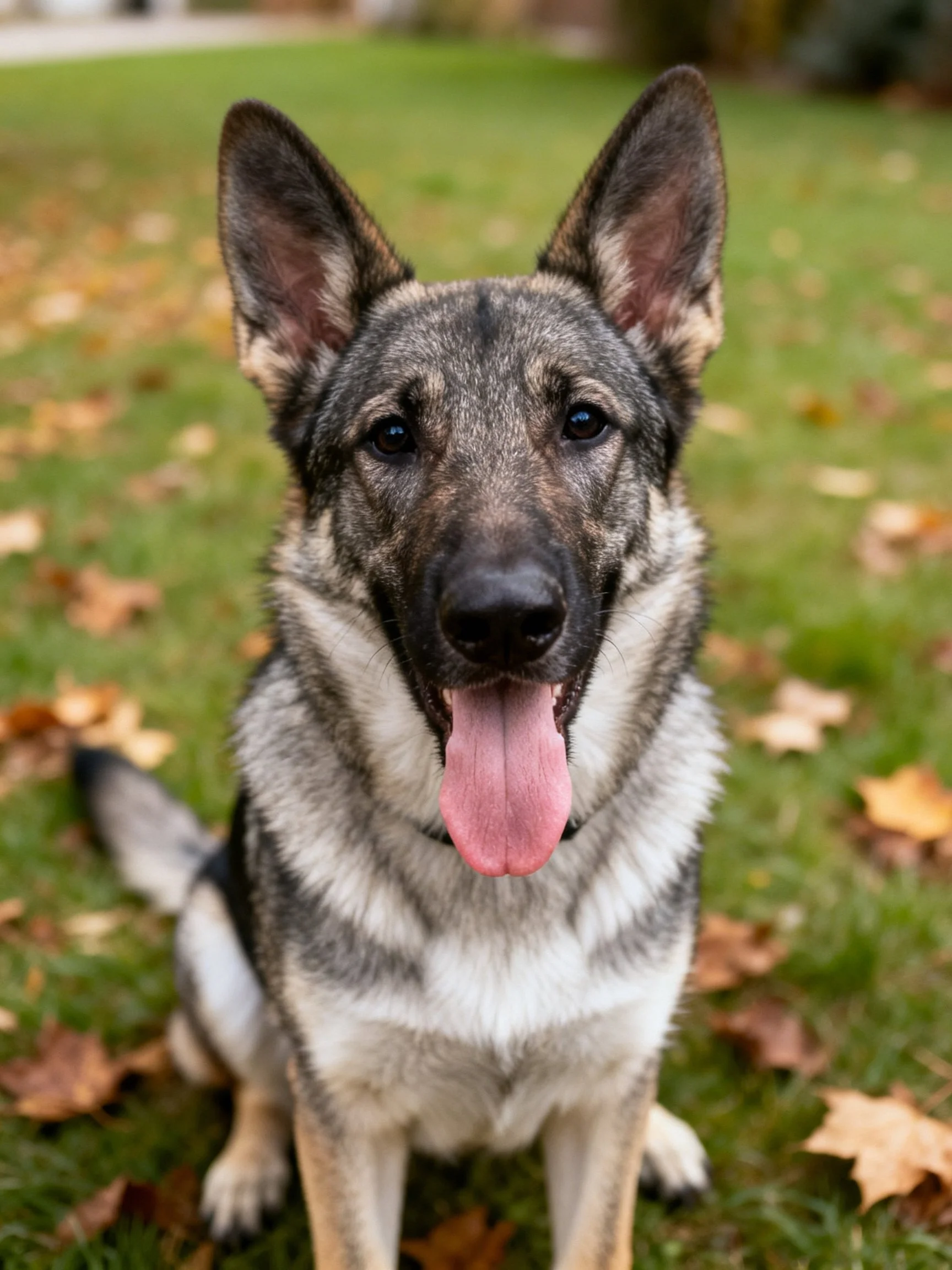 A German Shepherd dog sits calmly among fallen autumn leaves on grass.