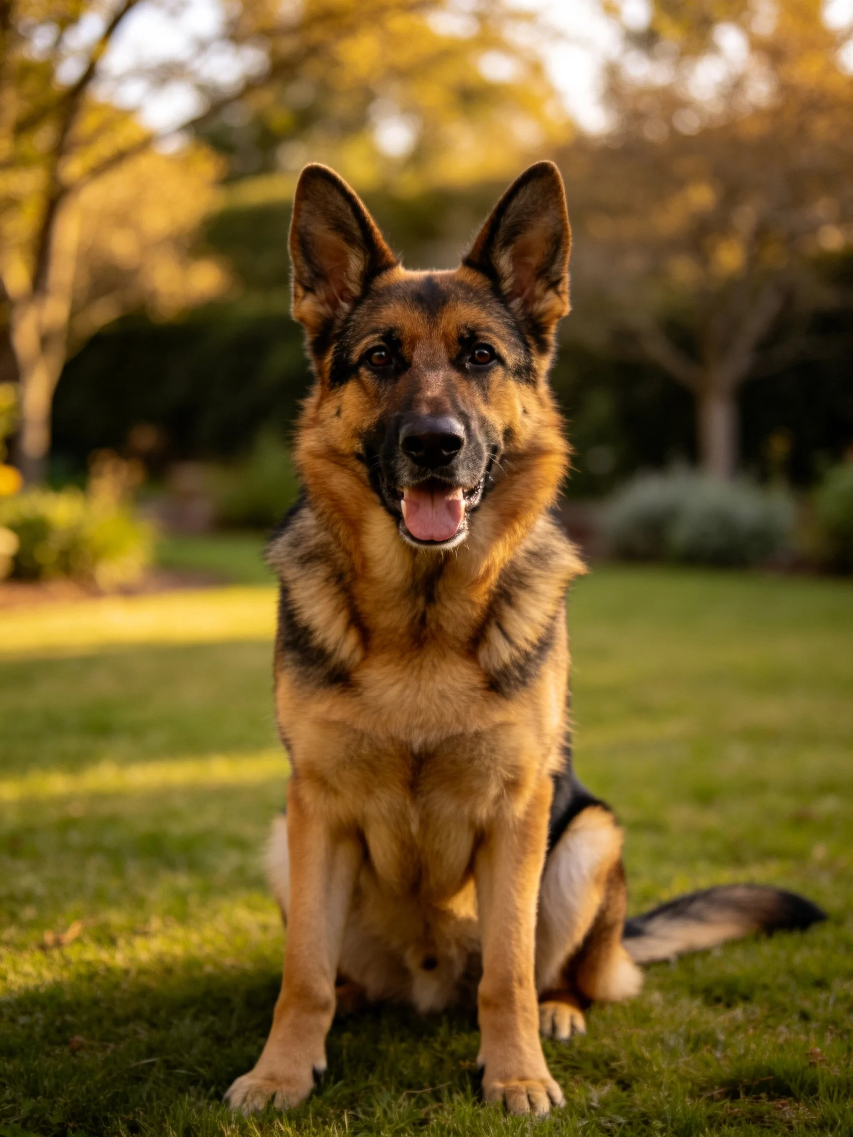 A German Shepherd sits on grass in a sunlit park setting.