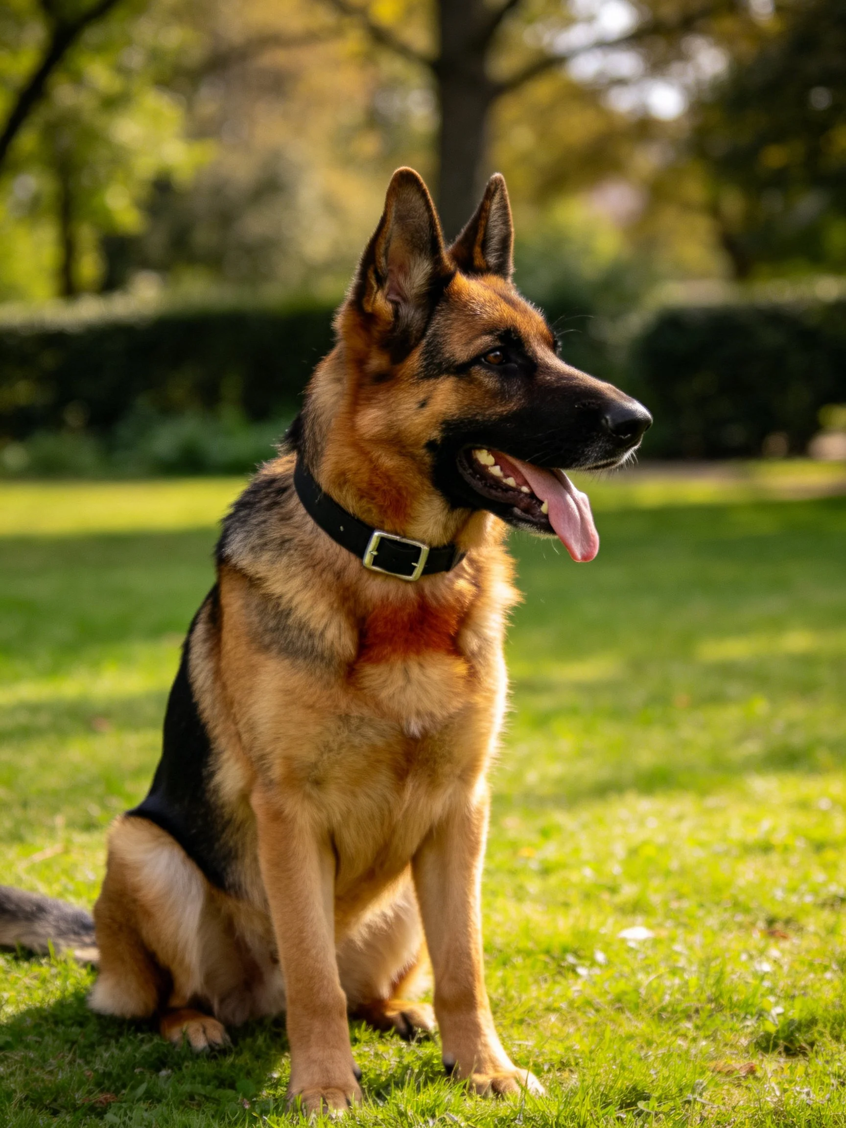 A German Shepherd dog sits calmly on grass in a sunlit park.