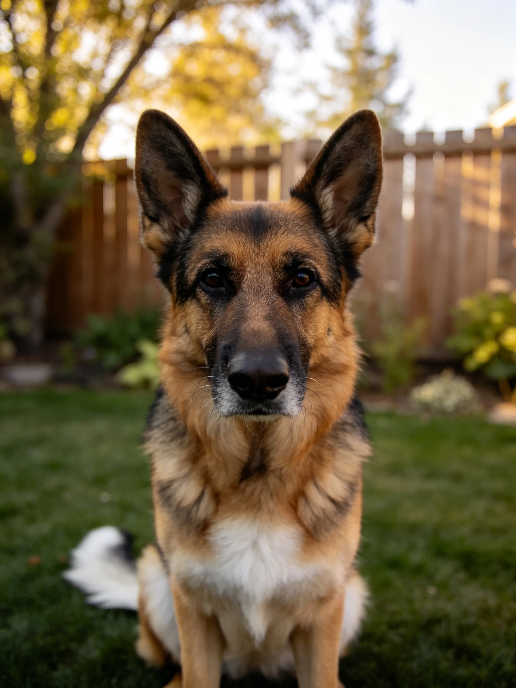 A German Shepherd dog sits on green grass beside a wooden fence in an outdoor area