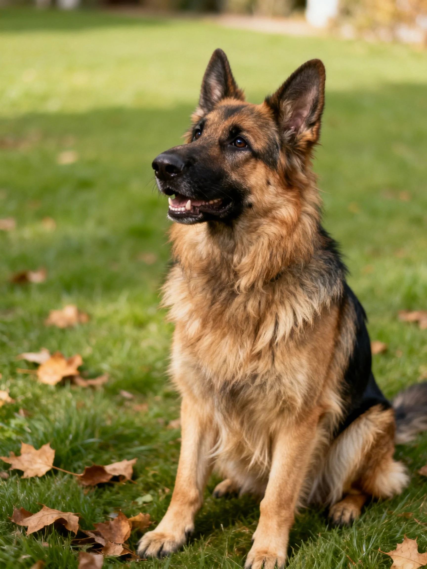 A German Shepherd dog sits calmly among scattered autumn leaves on grass.