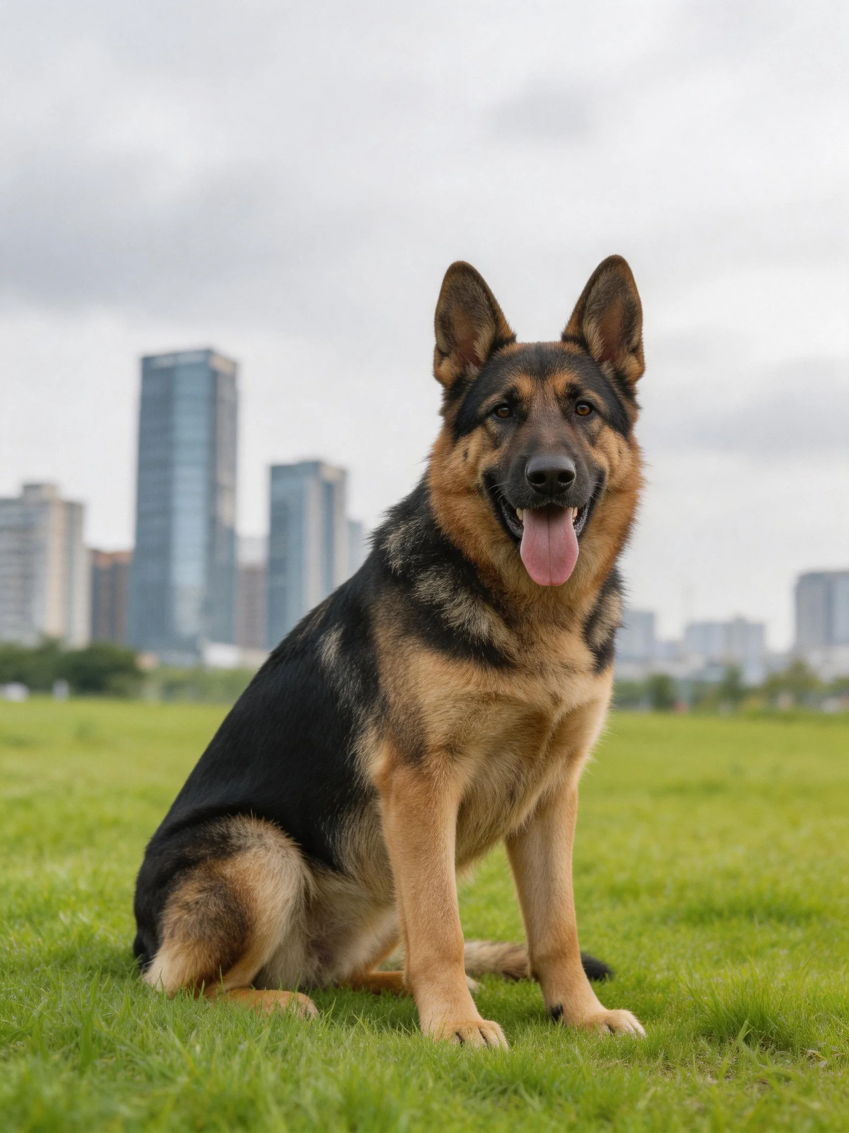 A German Shepherd dog sits on grass with a city skyline backdrop