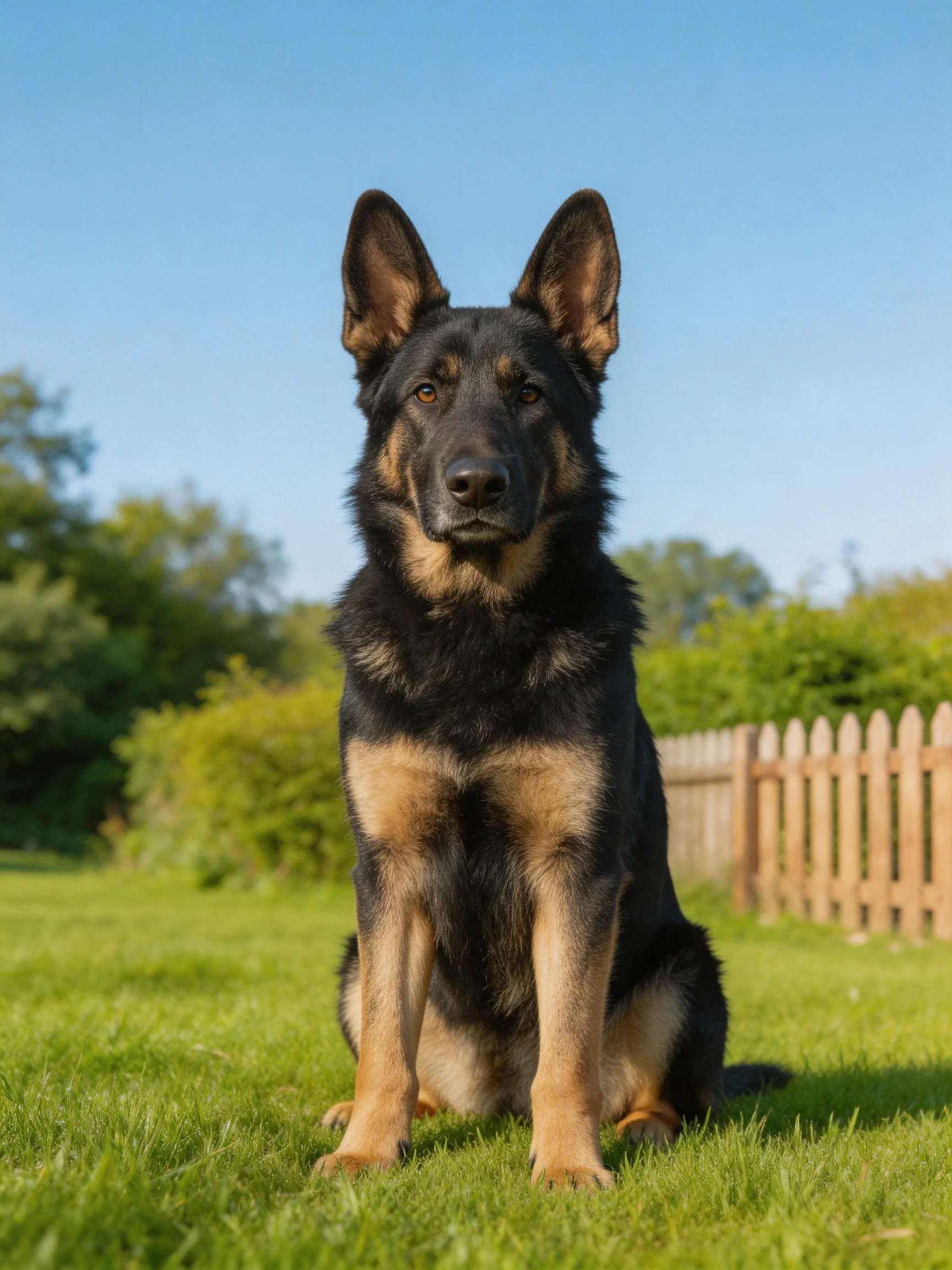 A German Shepherd dog sits calmly on grass with a wooden fence and greenery in the background.